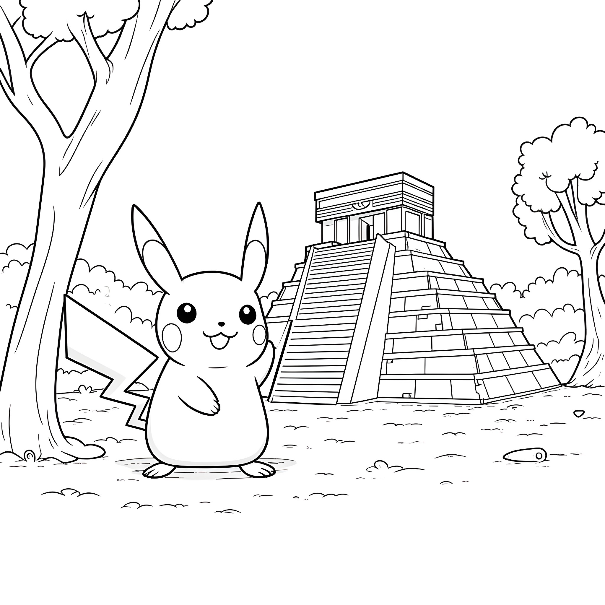Pikachu exploring ancient Mayan ruins Coloring Page (free black-and-white line drawing printable PDF for all, from beginners to advanced learners, including children, teens, adults, and seniors)
