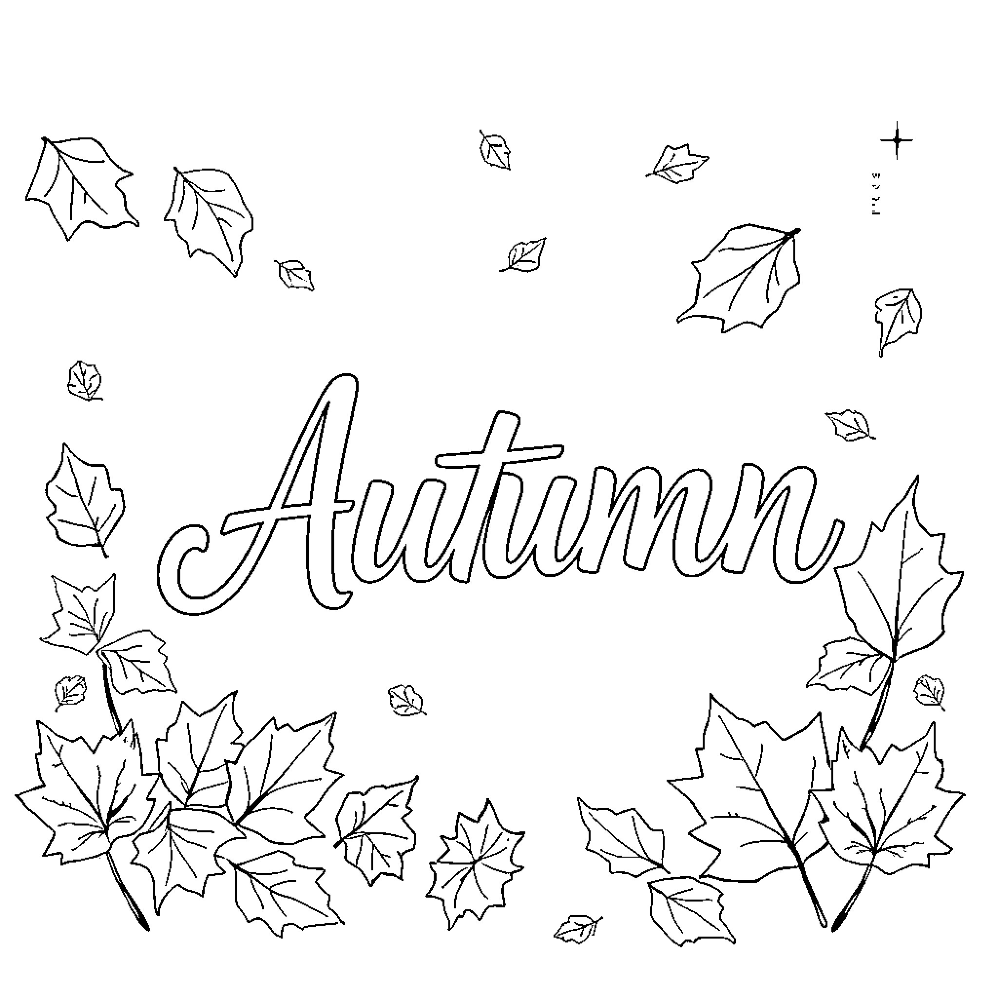 Autumn leaves swirling in the wind Coloring Page (free black-and-white line drawing printable PDF for all, from beginners to advanced learners, including children, teens, adults, and seniors)