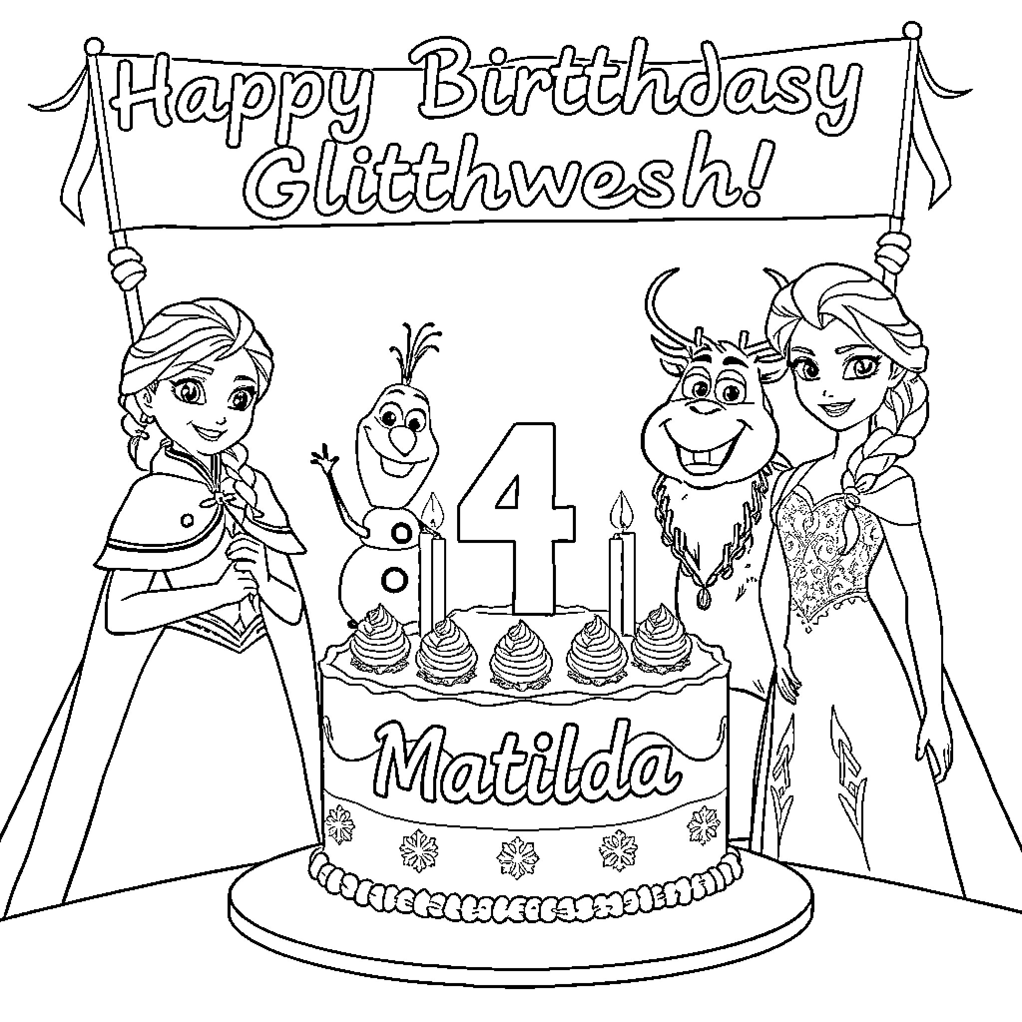 Anna's Frozen-themed birthday celebration with Olaf Coloring Page (free black-and-white line drawing printable PDF for all, from beginners to advanced learners, including children, teens, adults, and seniors)