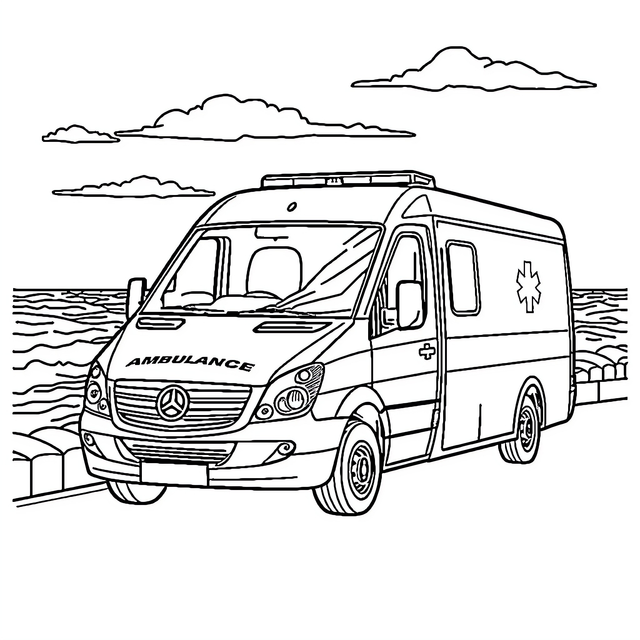 Ambulance van parked near a body of water Coloring Page (free black-and-white line drawing printable PDF for all, from beginners to advanced learners, including children, teens, adults, and seniors)