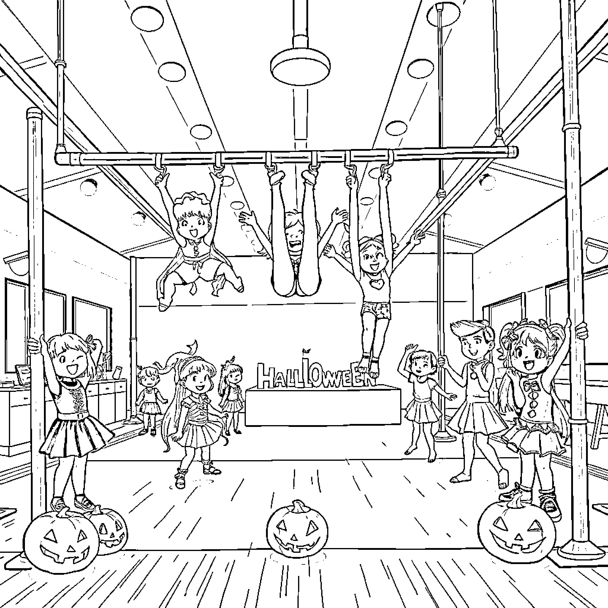 Ninja Kids Celebrate Halloween at the Party Coloring Page (free black-and-white line drawing printable PDF for all, from beginners to advanced learners, including children, teens, adults, and seniors)