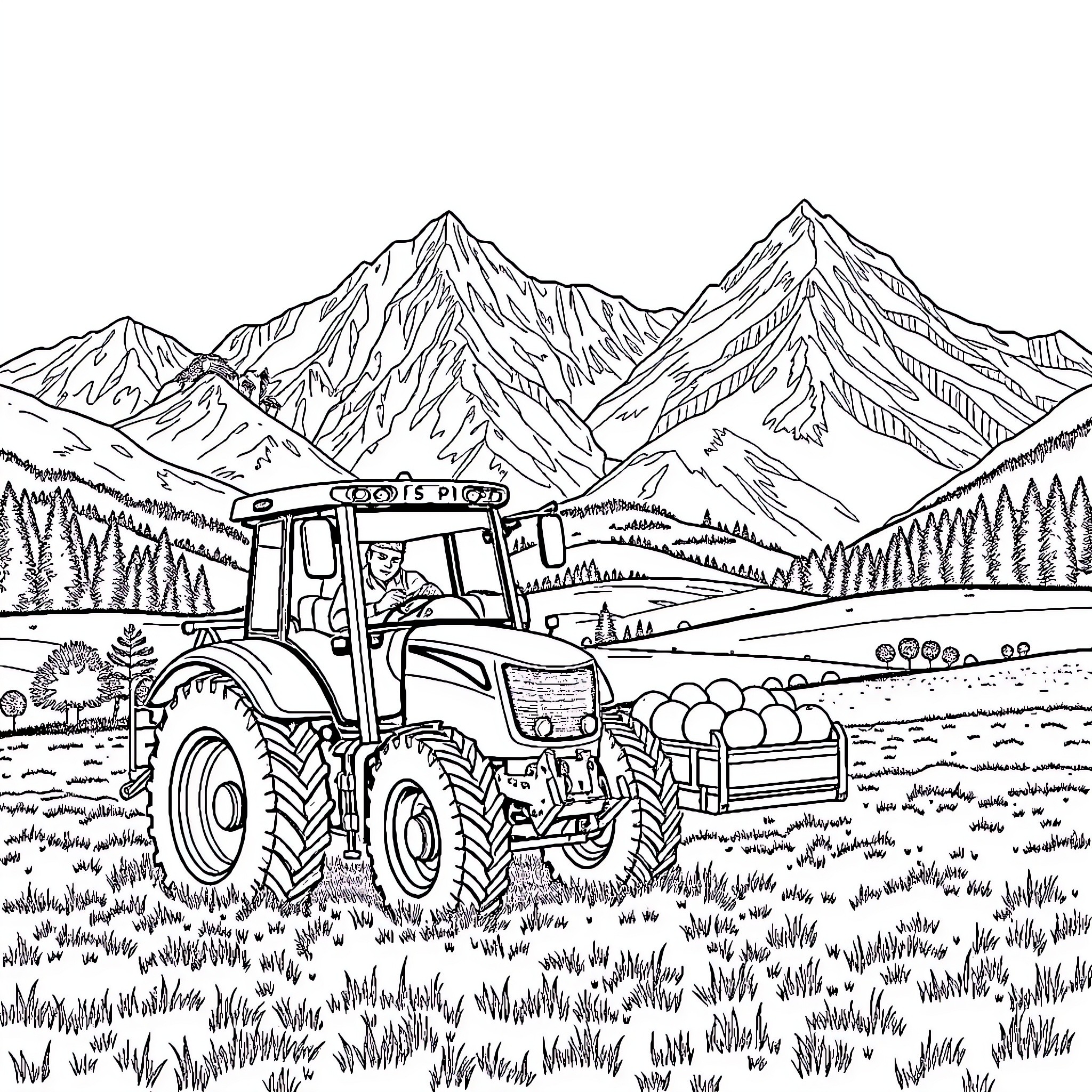 Tractor transporting produce through mountainous landscape Coloring Page (free black-and-white line drawing printable PDF for all, from beginners to advanced learners, including children, teens, adults, and seniors)