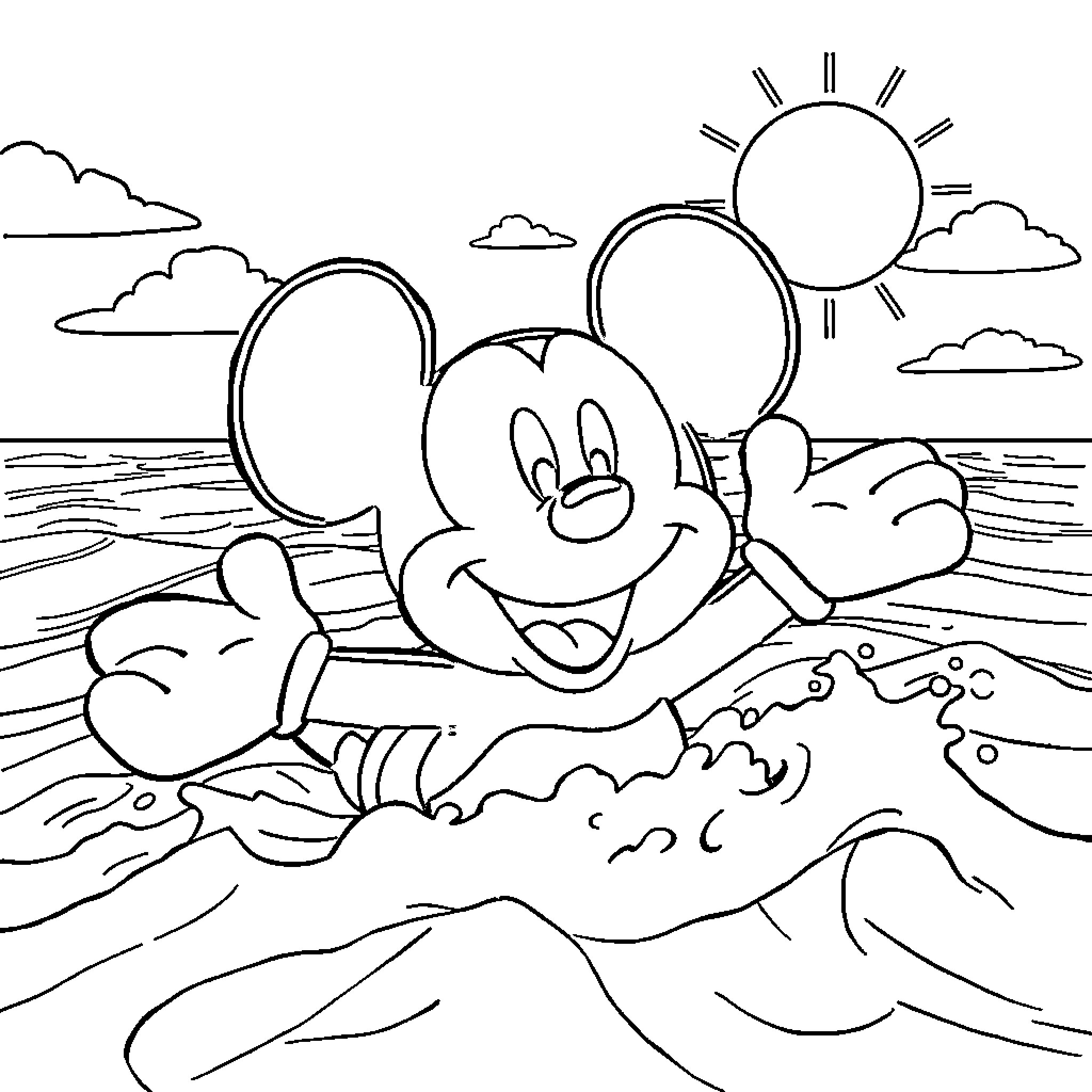 Mickey enjoying a sunny day at the beach Coloring Page (free black-and-white line drawing printable PDF for all, from beginners to advanced learners, including children, teens, adults, and seniors)