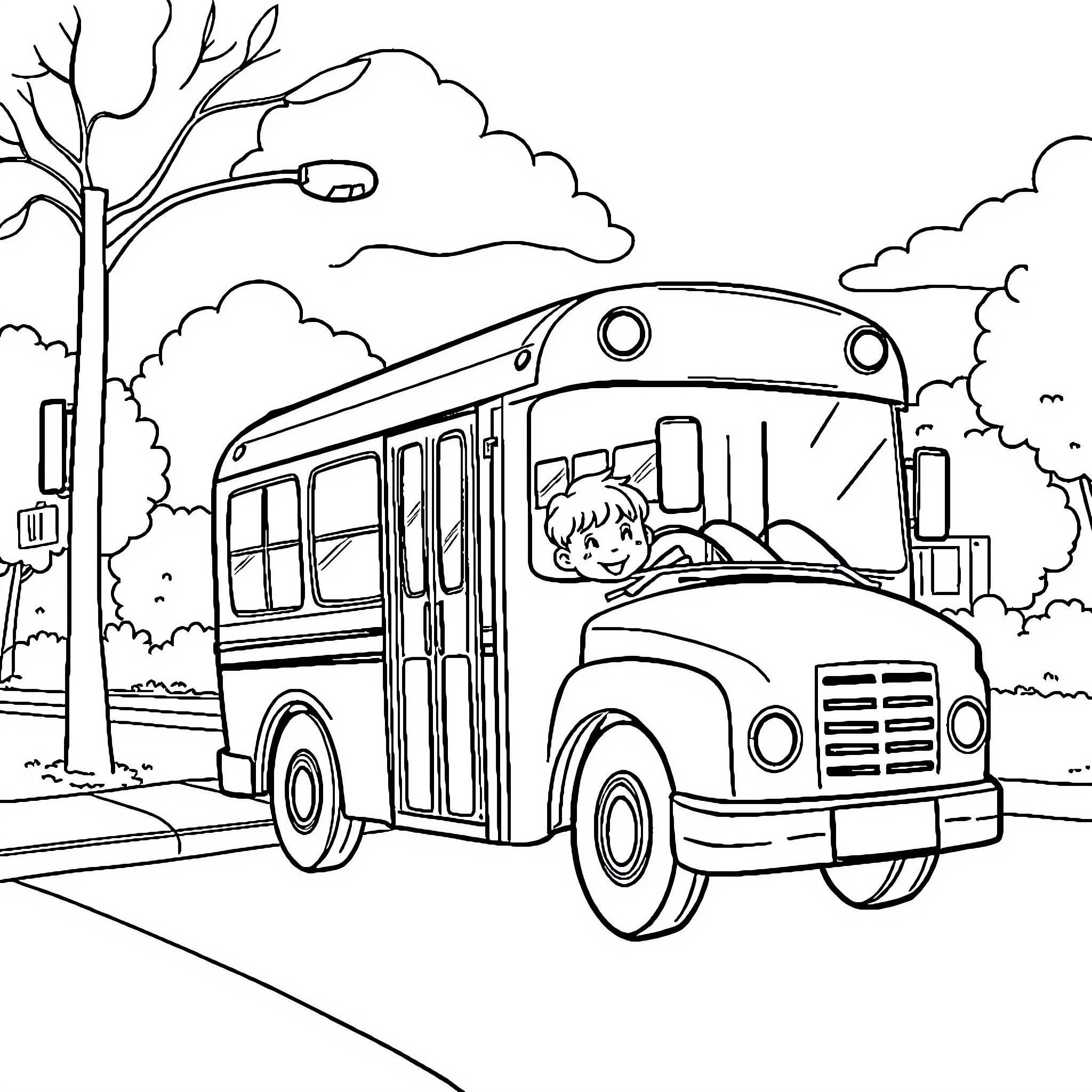 School Bus Transporting Children on the Road Coloring Page (free black-and-white line drawing printable PDF for all, from beginners to advanced learners, including children, teens, adults, and seniors)