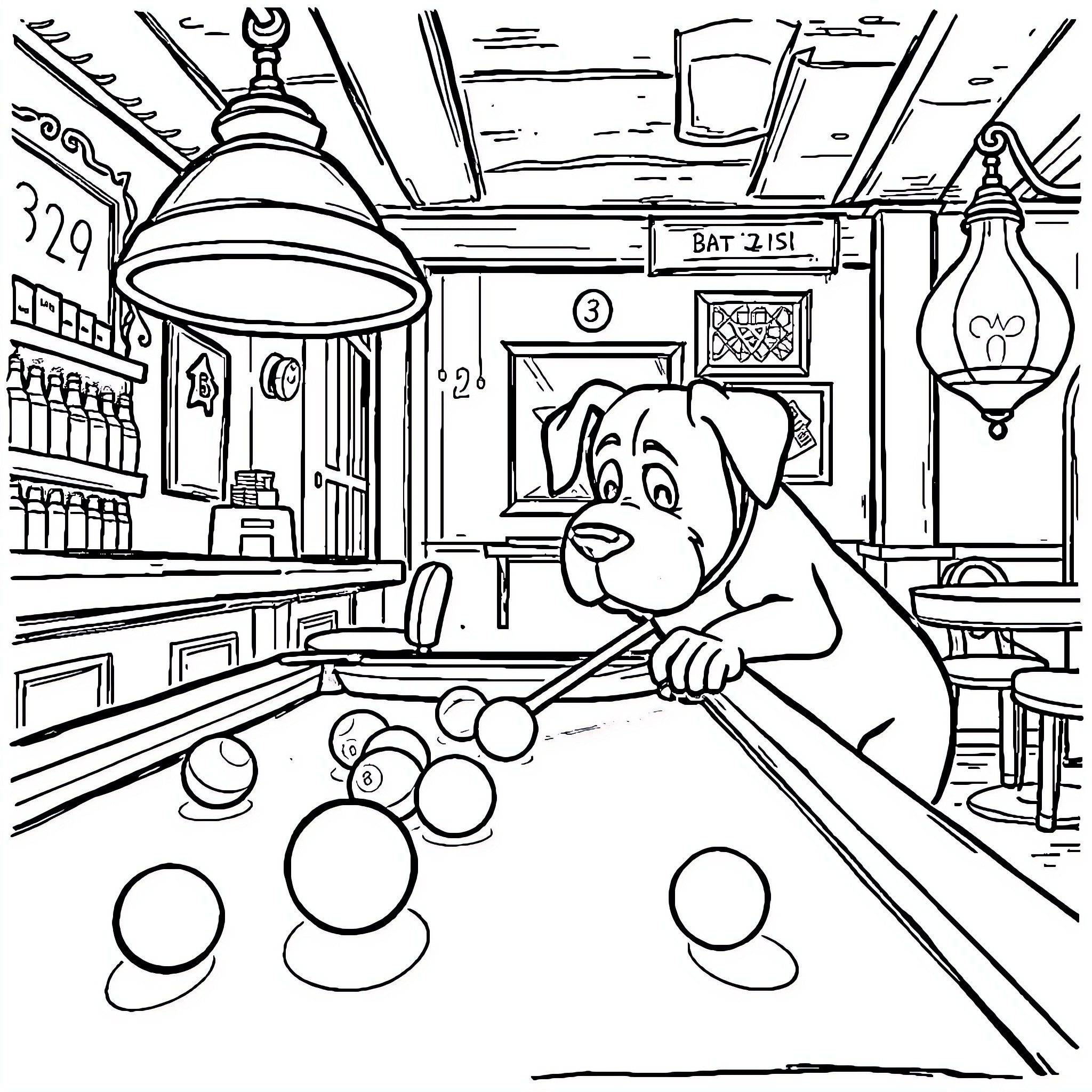 Brian Griffin playing pool in the bar Coloring Page (free black-and-white line drawing printable PDF for all, from beginners to advanced learners, including children, teens, adults, and seniors)