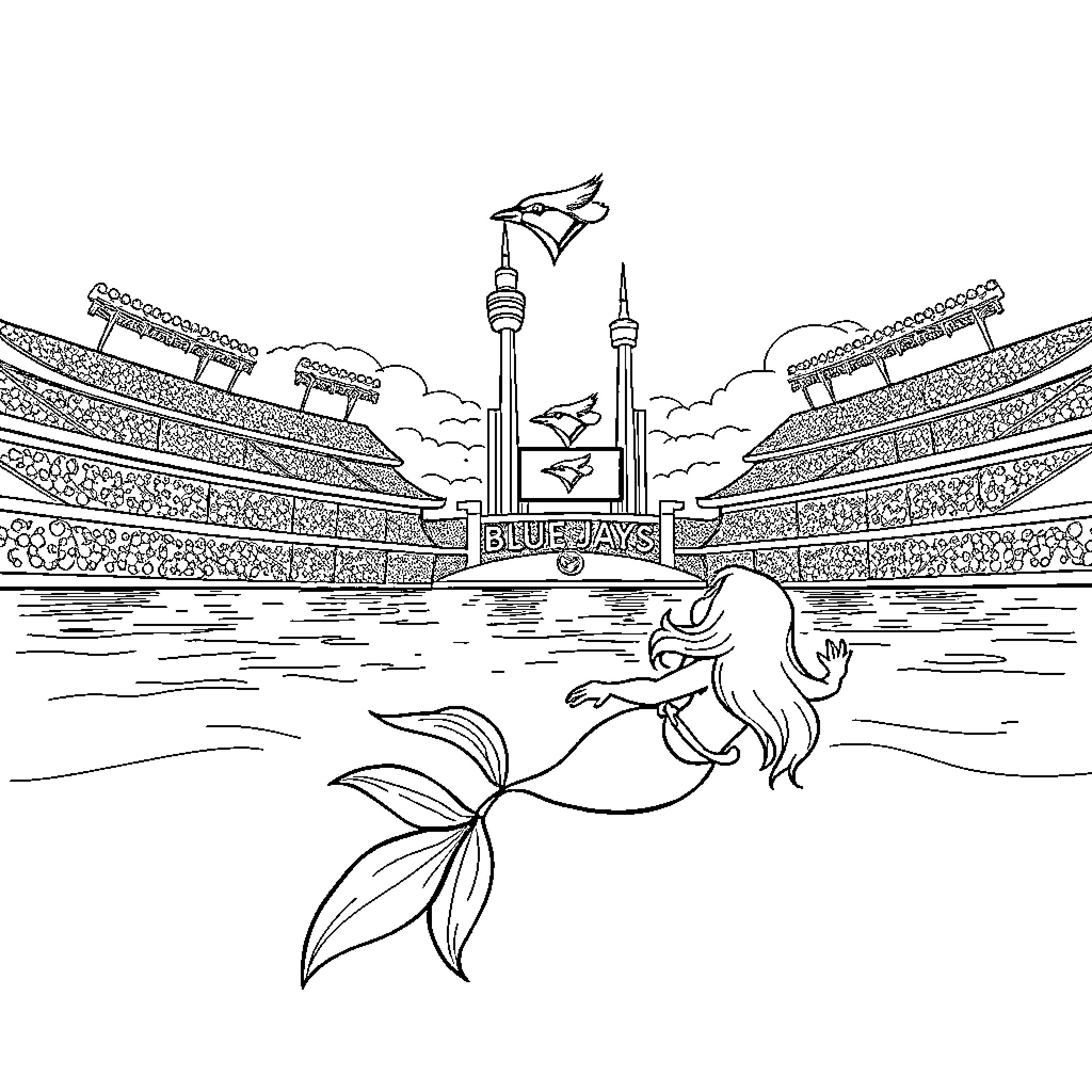 Ariel swimming gracefully in the baseball stadium Coloring Page (free black-and-white line drawing printable PDF for all, from beginners to advanced learners, including children, teens, adults, and seniors)