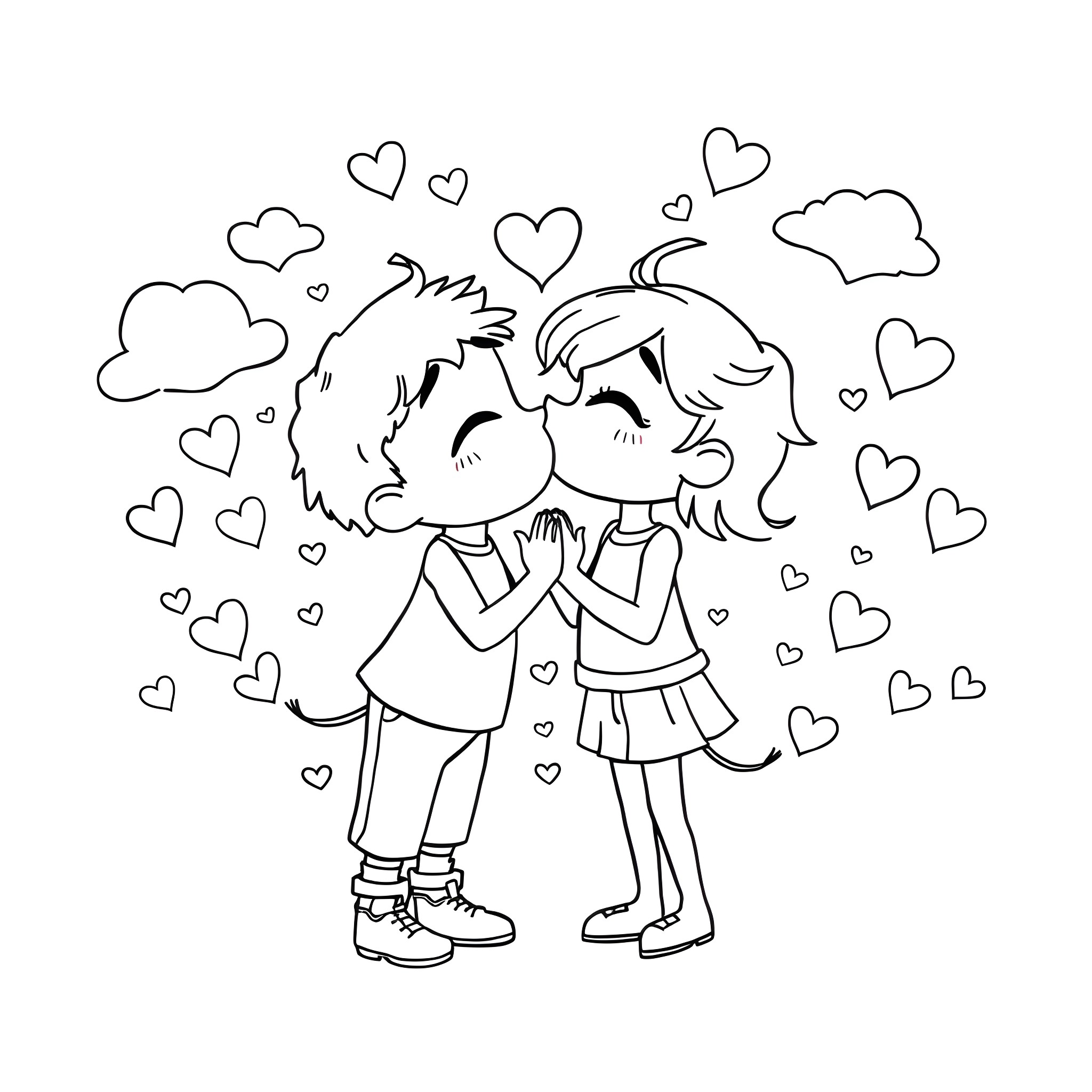 Affectionate couple embracing with hearts Coloring Page (free black-and-white line drawing printable PDF for all, from beginners to advanced learners, including children, teens, adults, and seniors)