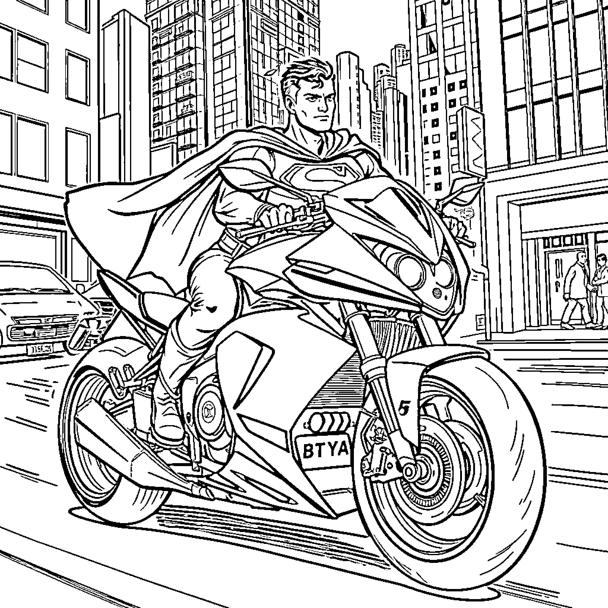 Superman riding a motorcycle in the city Coloring Page (free black-and-white line drawing printable PDF for all, from beginners to advanced learners, including children, teens, adults, and seniors)