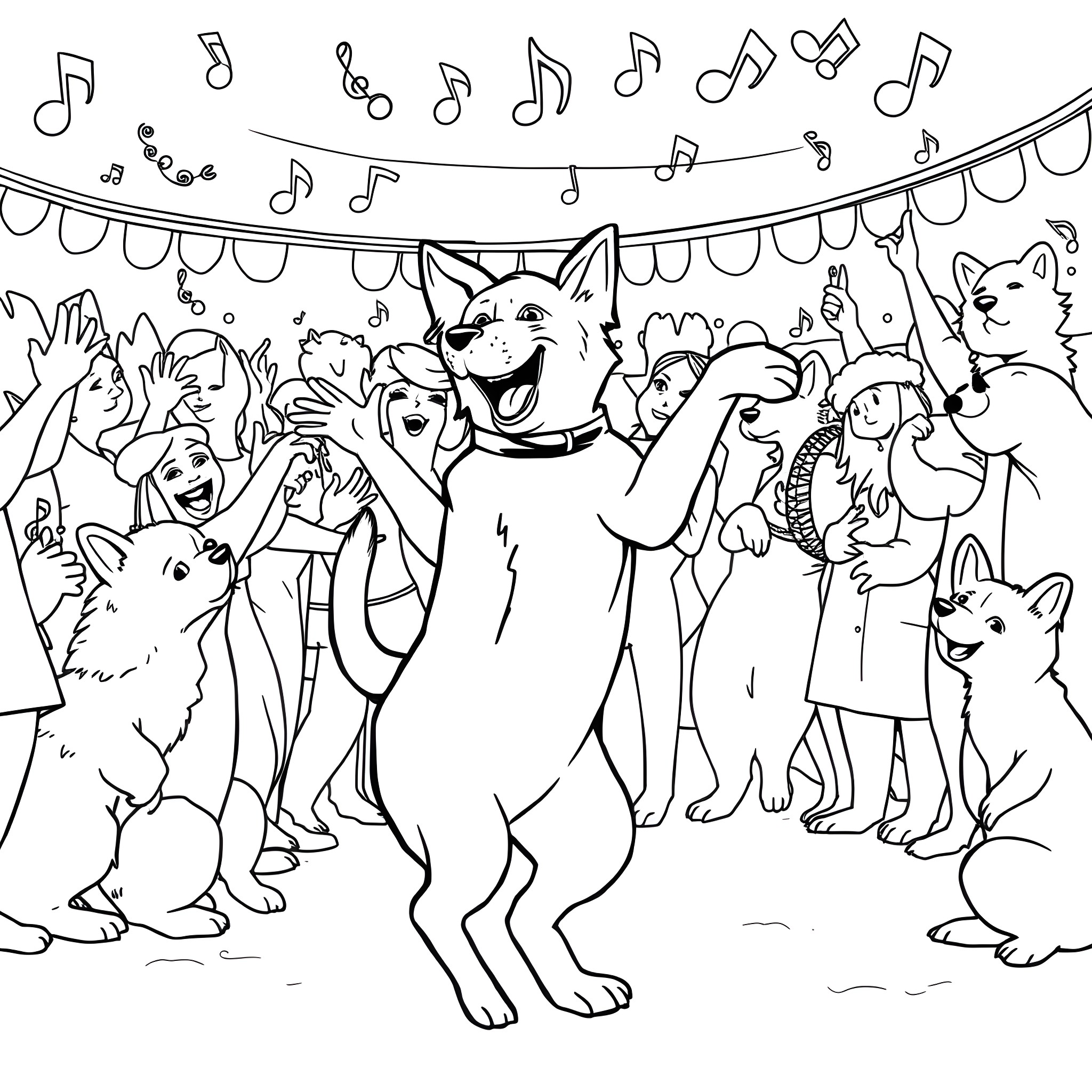 Dog enjoying a lively party with animal friends Coloring Page (free black-and-white line drawing printable PDF for all, from beginners to advanced learners, including children, teens, adults, and seniors)
