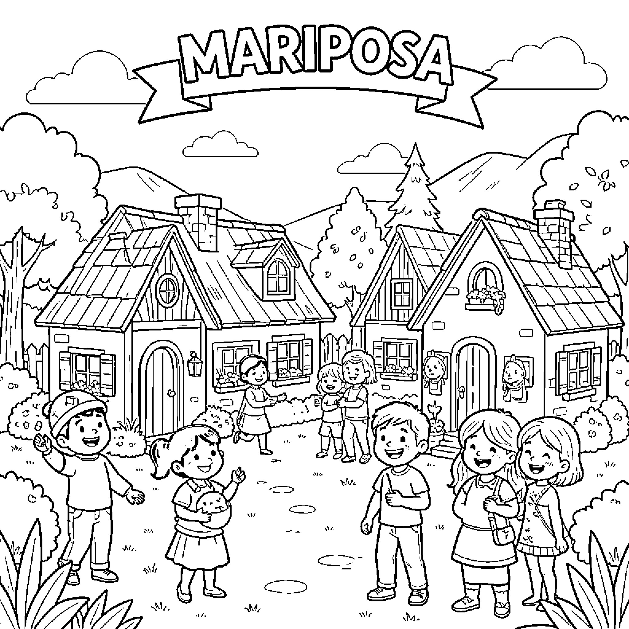Butterfly themed scene with children playing near cottages Coloring Page (free black-and-white line drawing printable PDF for all, from beginners to advanced learners, including children, teens, adults, and seniors)