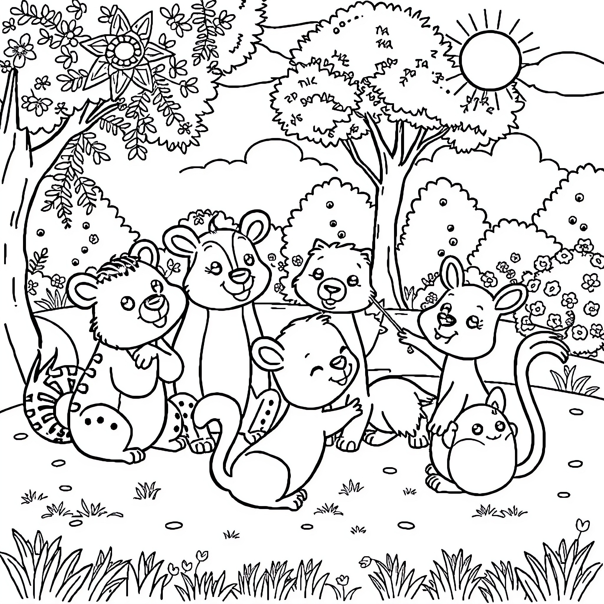 Animal Gathering in Lush Outdoor Scene Coloring Page (free black-and-white line drawing printable PDF for all, from beginners to advanced learners, including children, teens, adults, and seniors)
