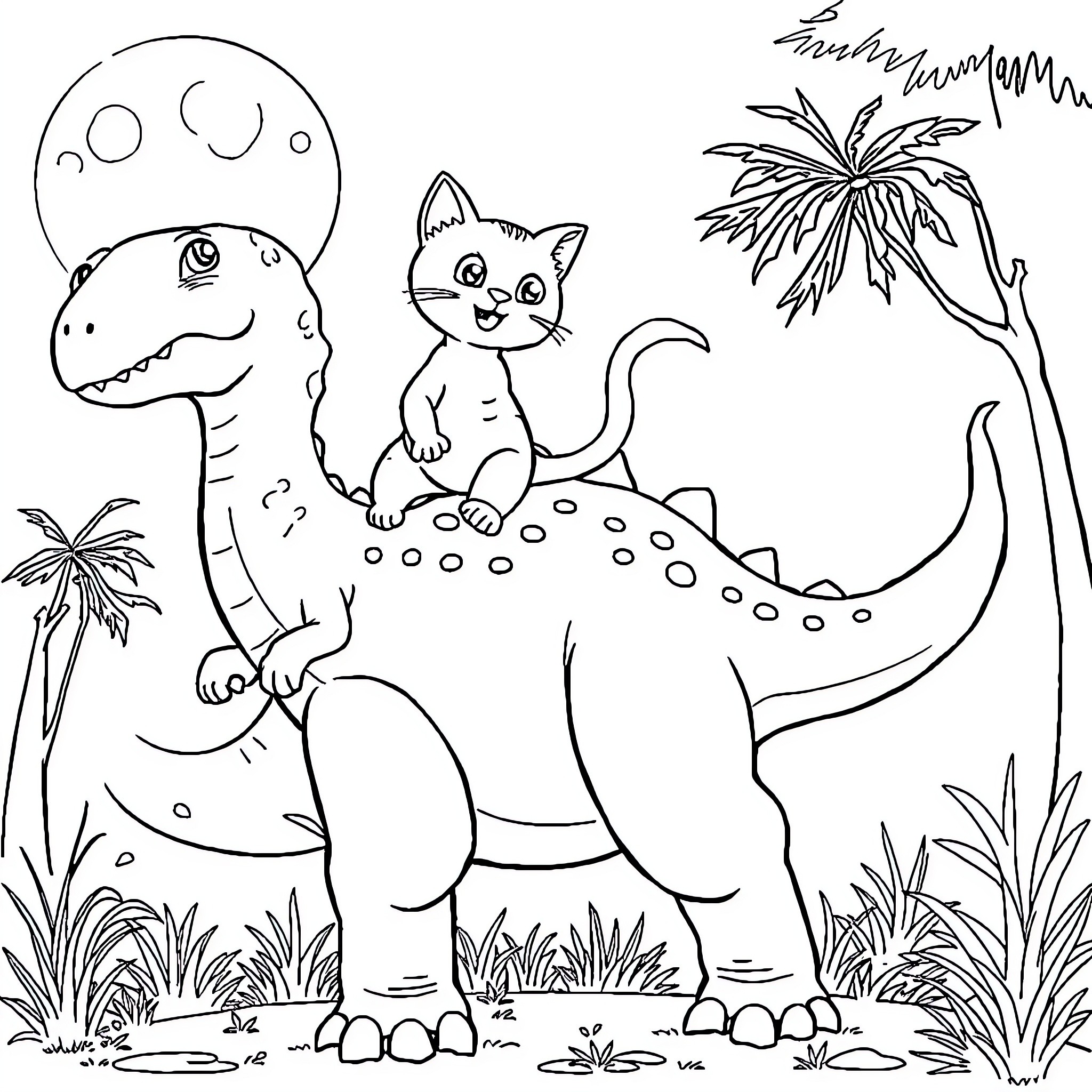 Cat exploring with a dinosaur friend in the jungle Coloring Page (free black-and-white line drawing printable PDF for all, from beginners to advanced learners, including children, teens, adults, and seniors)