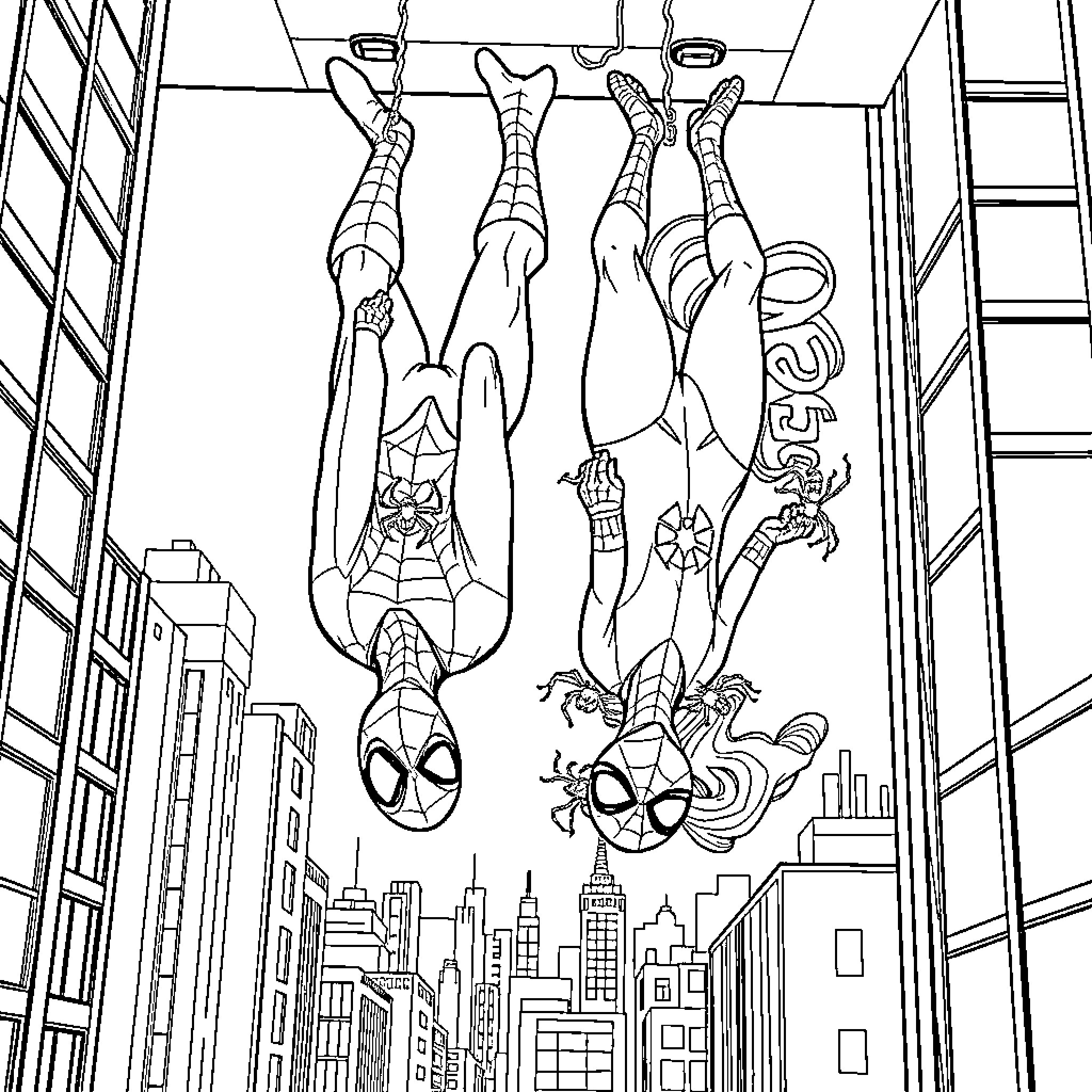 Spider-People swinging through city skyline Coloring Page (free black-and-white line drawing printable PDF for all, from beginners to advanced learners, including children, teens, adults, and seniors)