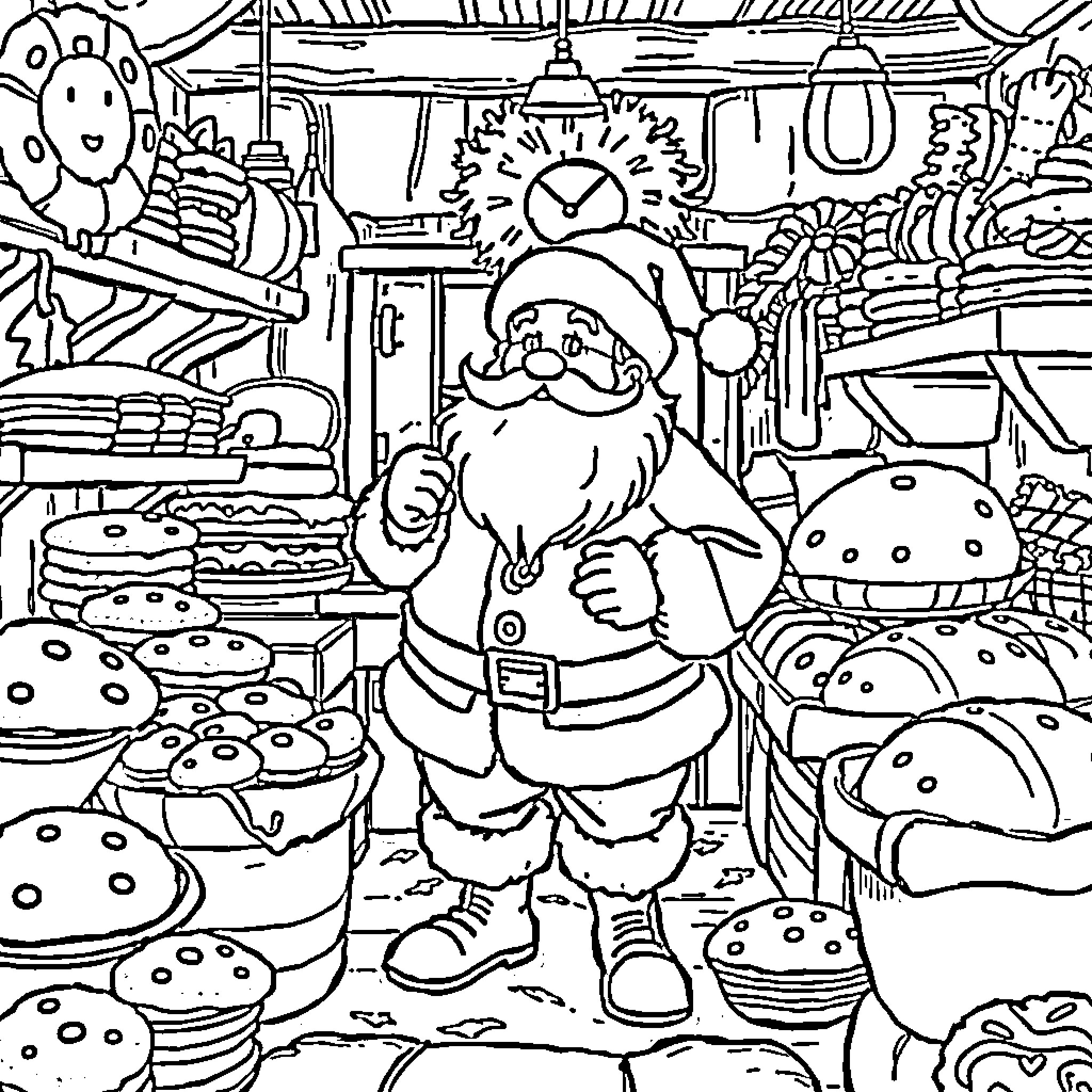 Santa's Busy Christmas Workshop Coloring Page (free black-and-white line drawing printable PDF for all, from beginners to advanced learners, including children, teens, adults, and seniors)