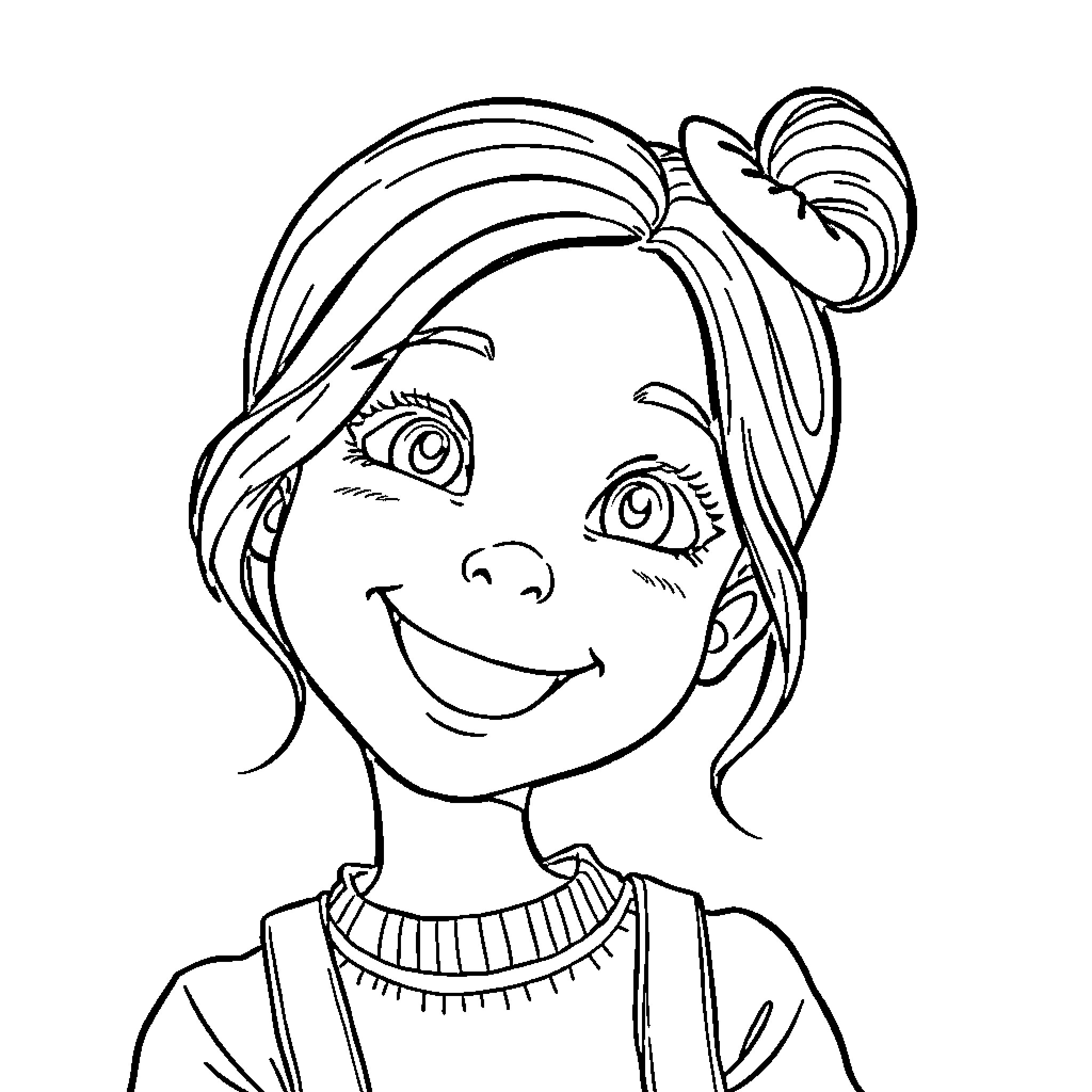 Paula's Cheerful Expression and Playful Outfit Coloring Page (free black-and-white line drawing printable PDF for all, from beginners to advanced learners, including children, teens, adults, and seniors)