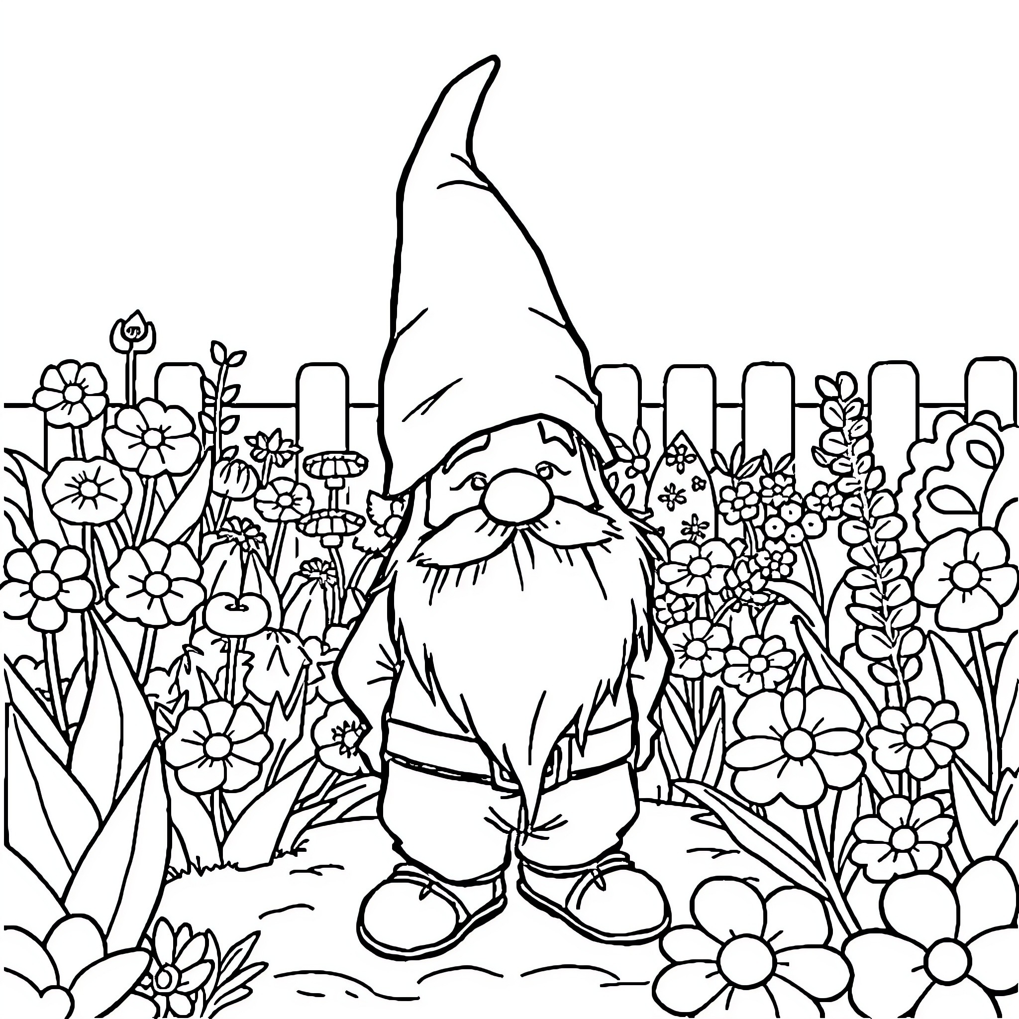 Gnome enjoying a floral garden Coloring Page (free black-and-white line drawing printable PDF for all, from beginners to advanced learners, including children, teens, adults, and seniors)