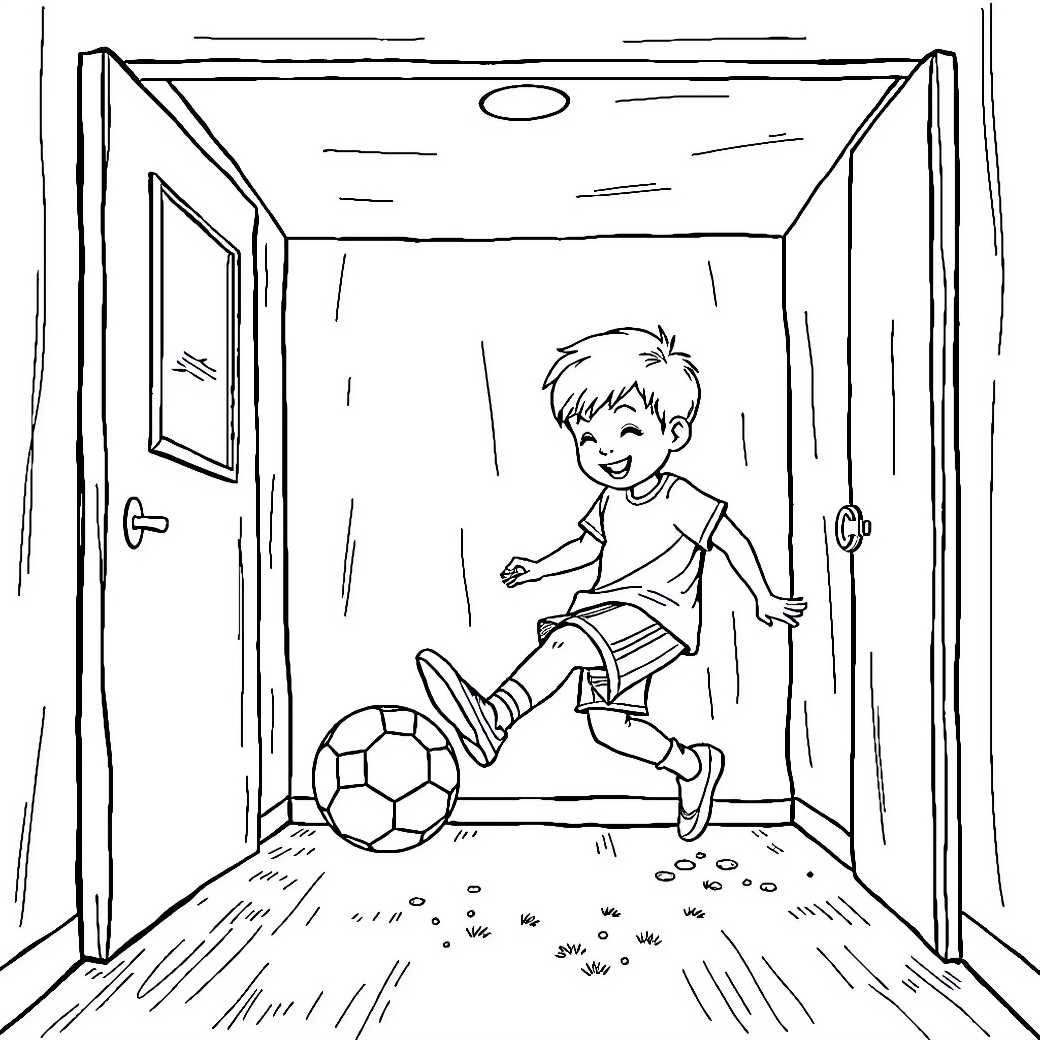 Kid playing soccer in a room Coloring Page (free black-and-white line drawing printable PDF for all, from beginners to advanced learners, including children, teens, adults, and seniors)