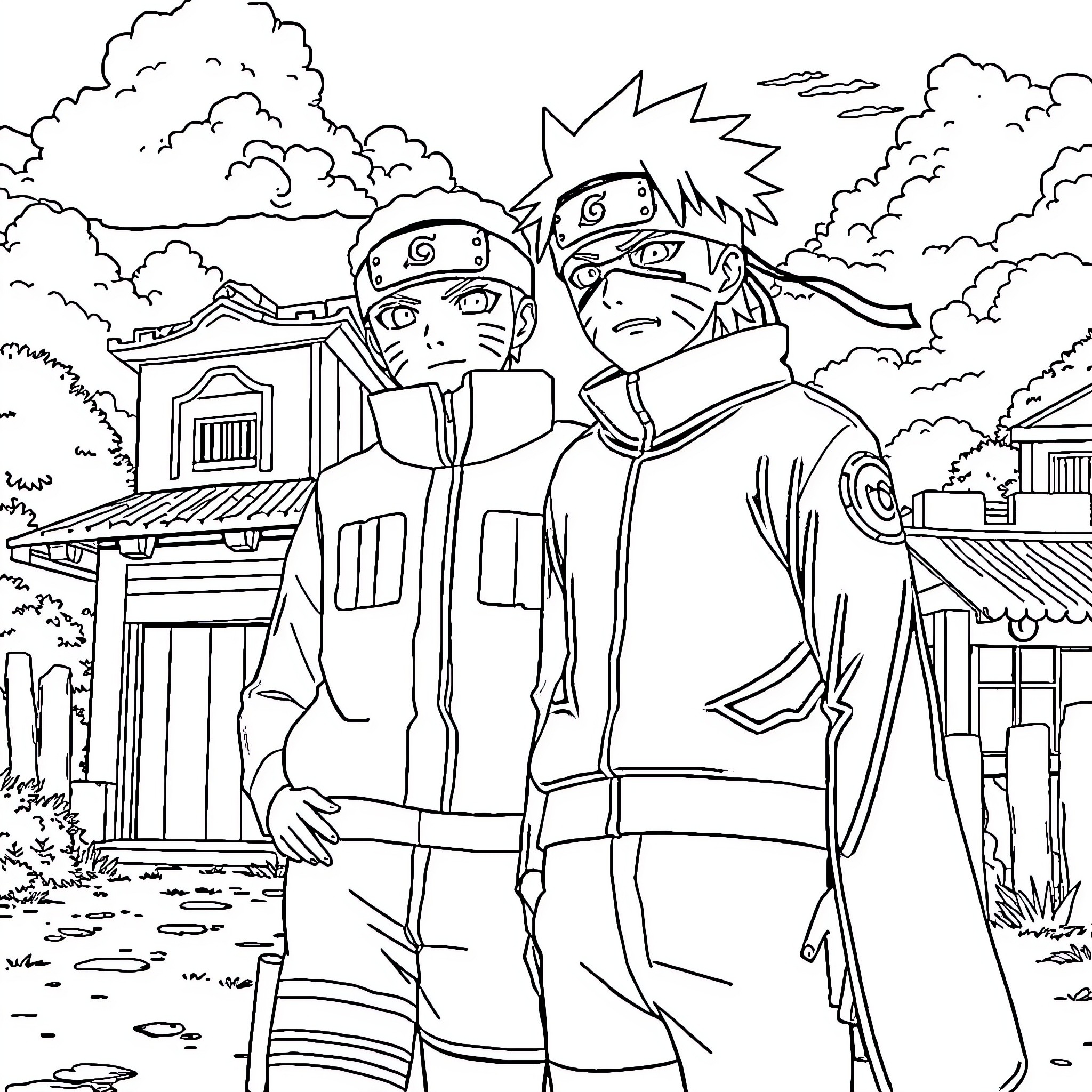 Naruto and friends in ninja attire exploring the village Coloring Page (free black-and-white line drawing printable PDF for all, from beginners to advanced learners, including children, teens, adults, and seniors)
