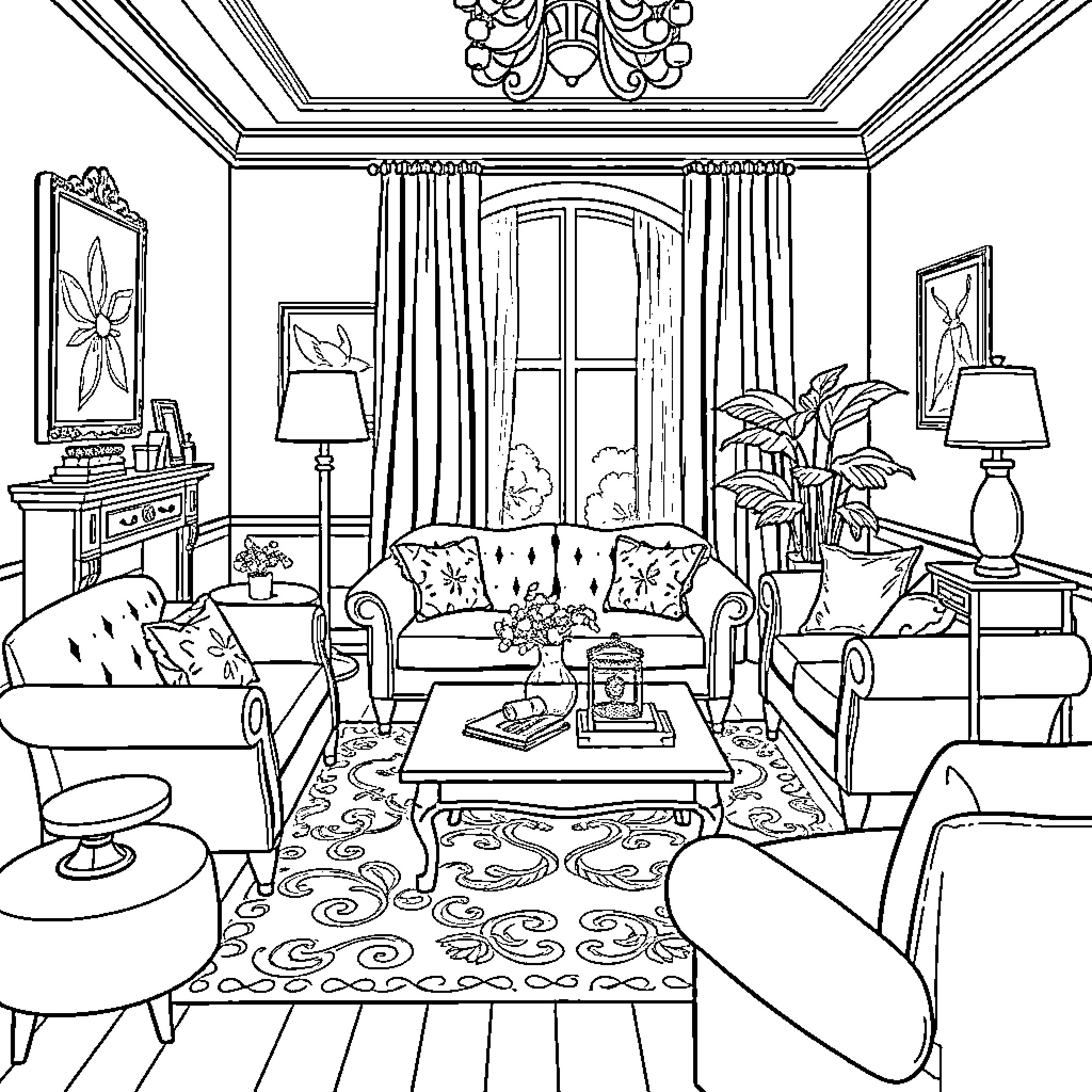 Furnishings in a Cozy Living Room Coloring Page (free black-and-white line drawing printable PDF for all, from beginners to advanced learners, including children, teens, adults, and seniors)