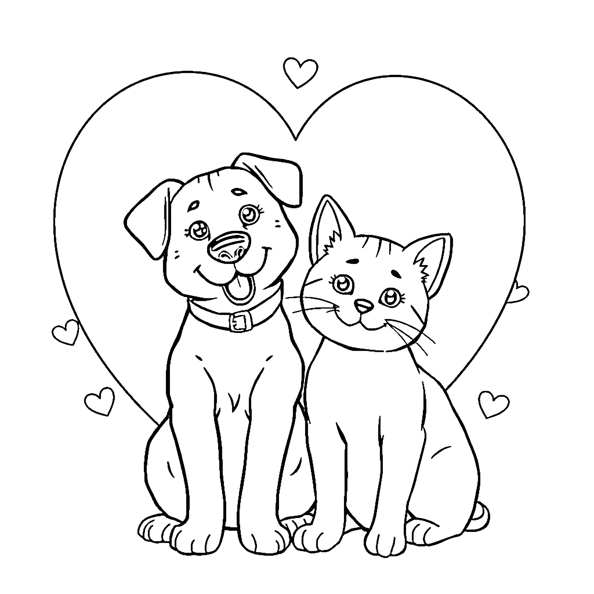 Cat and Dog Sitting Together with Hearts Coloring Page (free black-and-white line drawing printable PDF for all, from beginners to advanced learners, including children, teens, adults, and seniors)