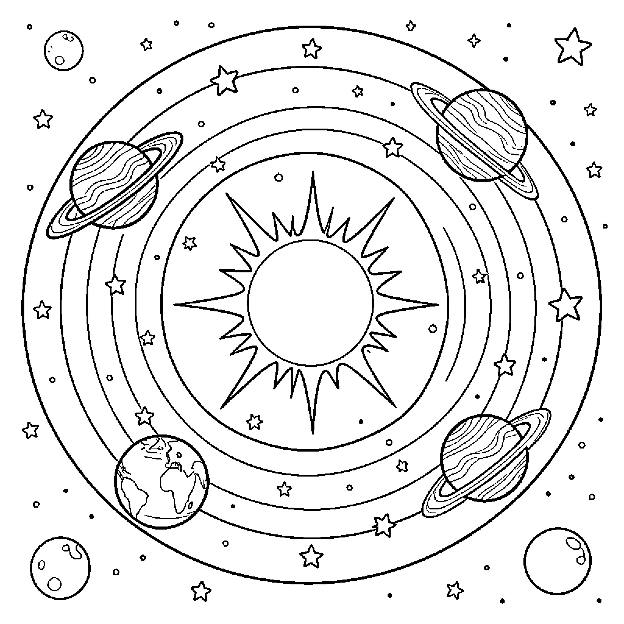 Solar System with Celestial Objects and Cosmic Scenery Coloring Page (free black-and-white line drawing printable PDF for all, from beginners to advanced learners, including children, teens, adults, and seniors)