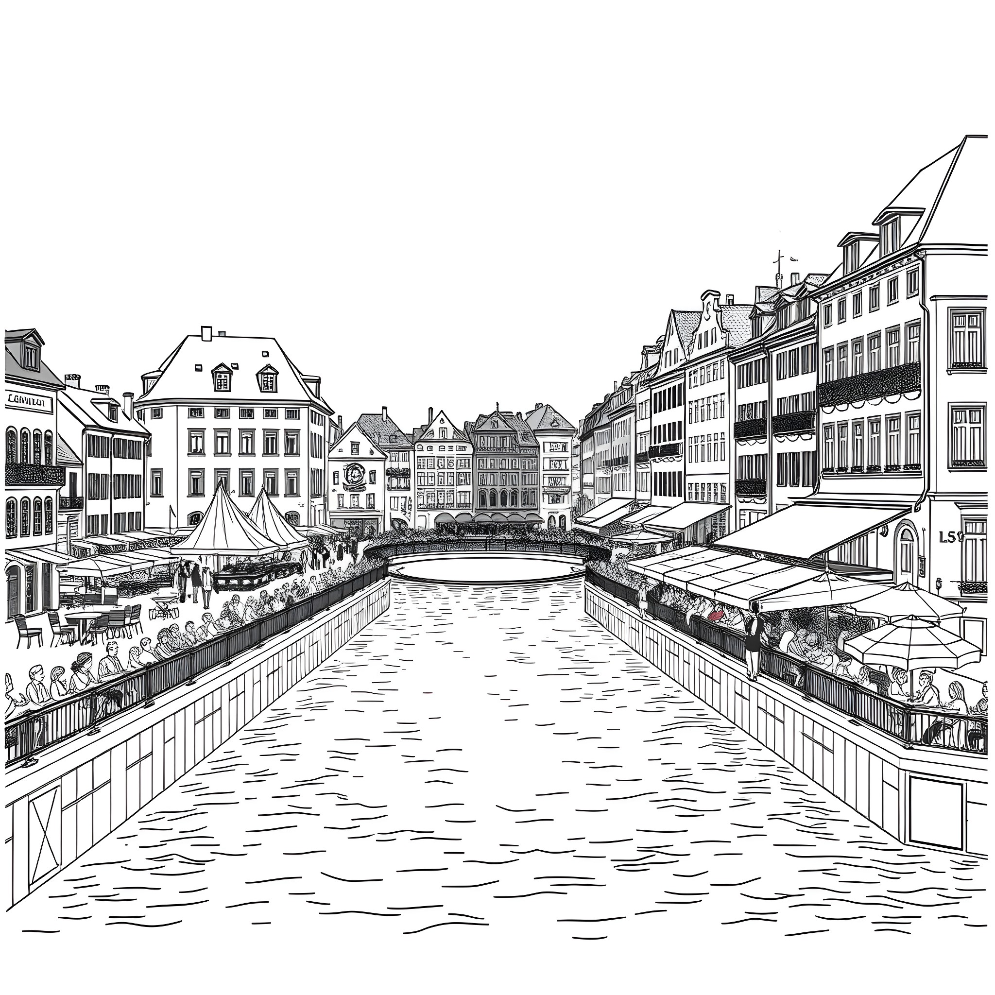 Zürich's Scenic Canal with Bustling Waterfront Shops Coloring Page (free black-and-white line drawing printable PDF for all, from beginners to advanced learners, including children, teens, adults, and seniors)