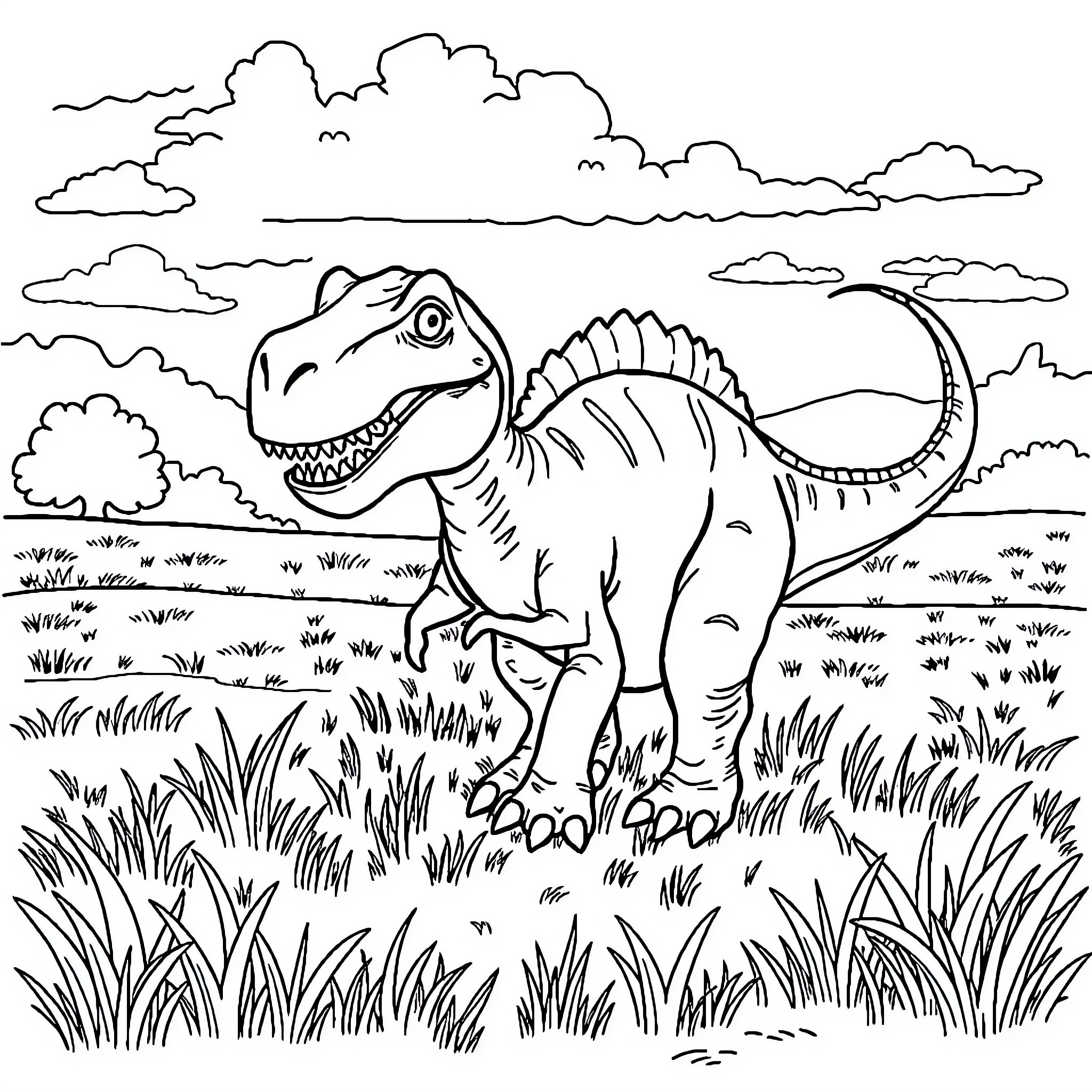 Dinosaur stomping through the grasslands Coloring Page (free black-and-white line drawing printable PDF for all, from beginners to advanced learners, including children, teens, adults, and seniors)