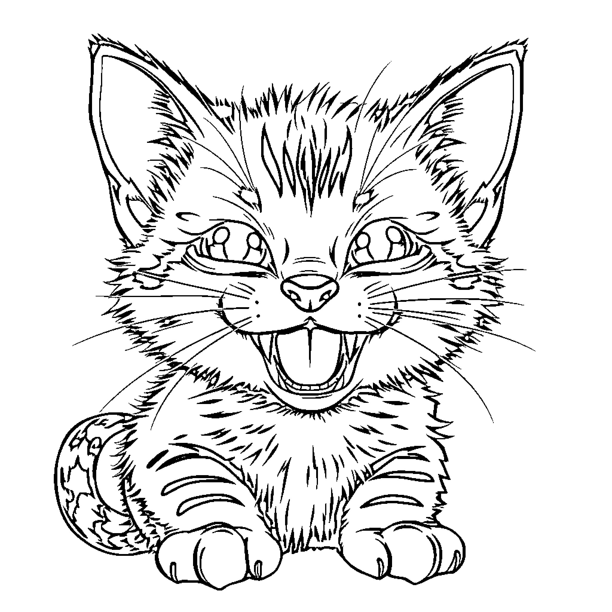 Kitten making a silly face Coloring Page (free black-and-white line drawing printable PDF for all, from beginners to advanced learners, including children, teens, adults, and seniors)