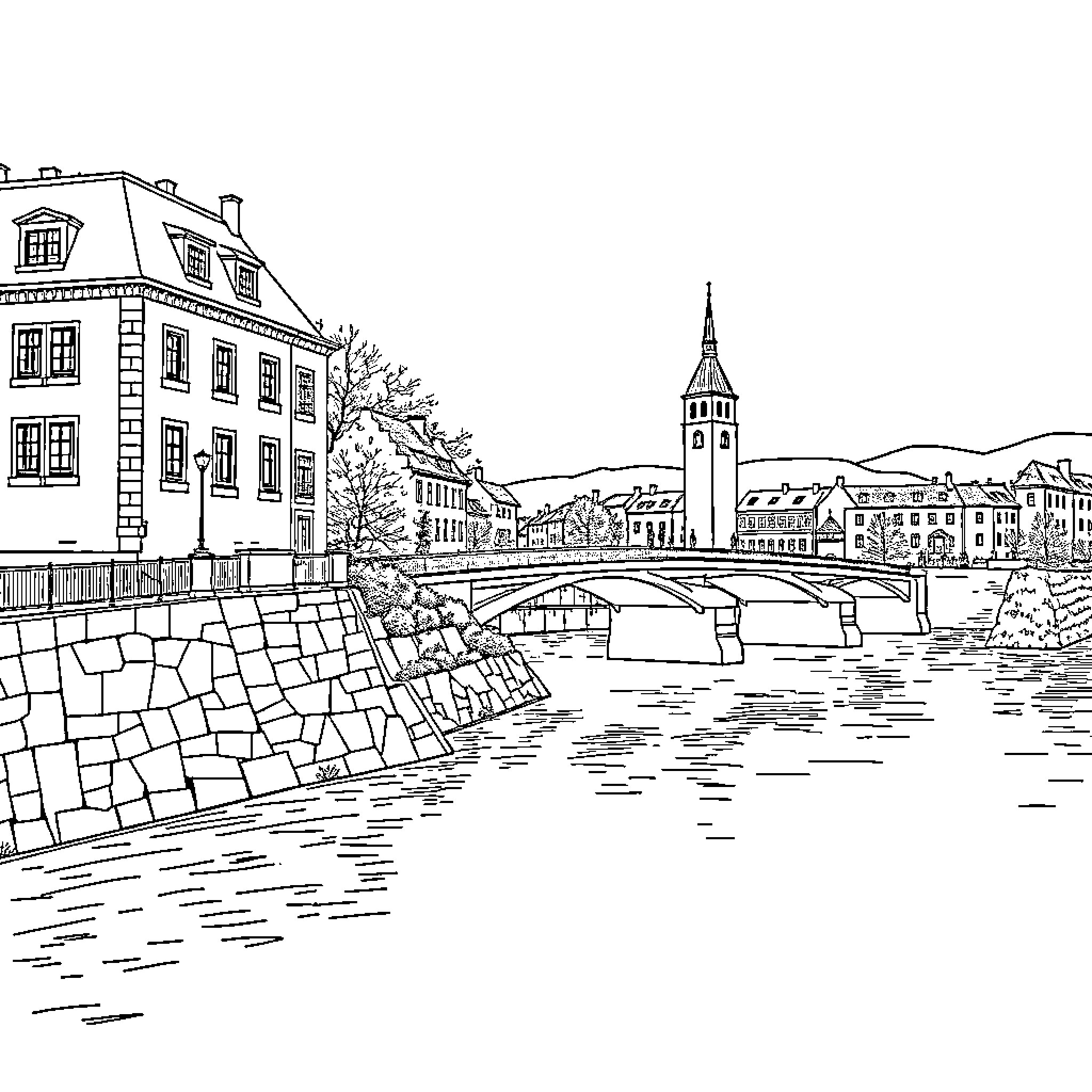 Woman walking along the picturesque town by the river Coloring Page (free black-and-white line drawing printable PDF for all, from beginners to advanced learners, including children, teens, adults, and seniors)