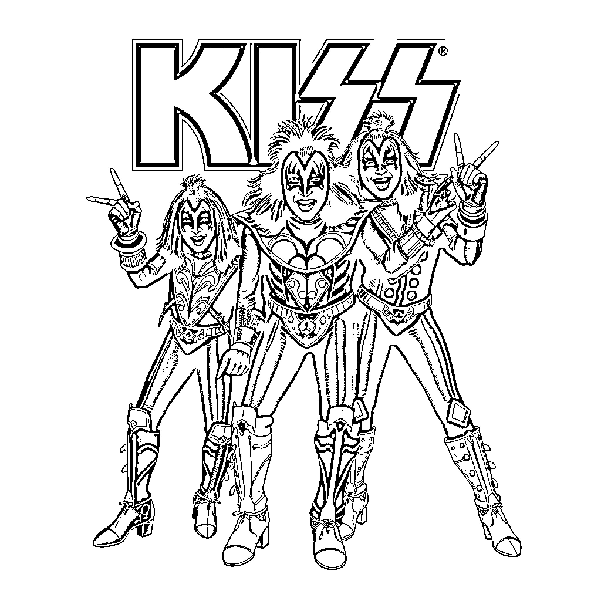 Kiss rock band in colorful costumes Coloring Page (free black-and-white line drawing printable PDF for all, from beginners to advanced learners, including children, teens, adults, and seniors)