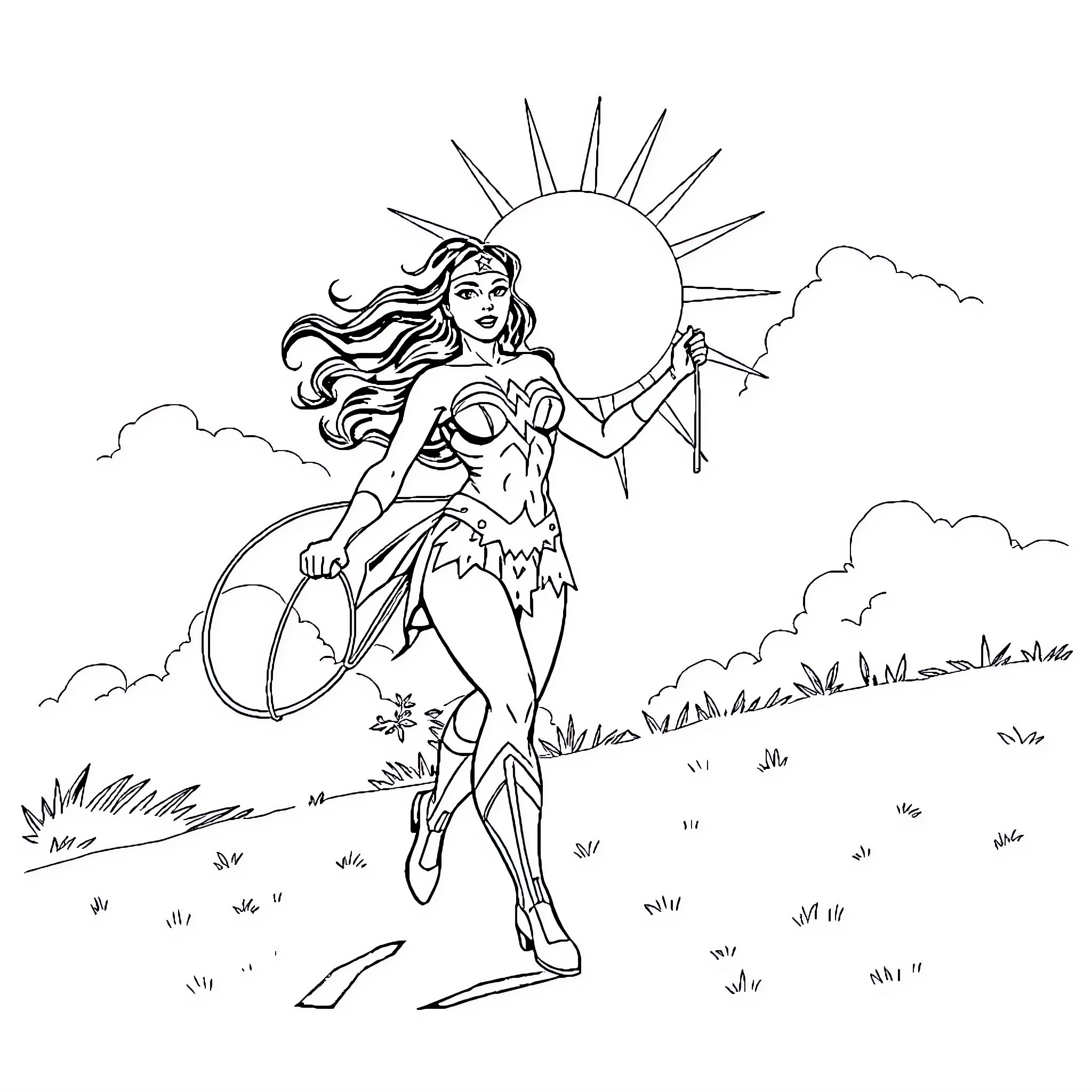 Wonder Woman fighting in heroic pose Coloring Page (free black-and-white line drawing printable PDF for all, from beginners to advanced learners, including children, teens, adults, and seniors)