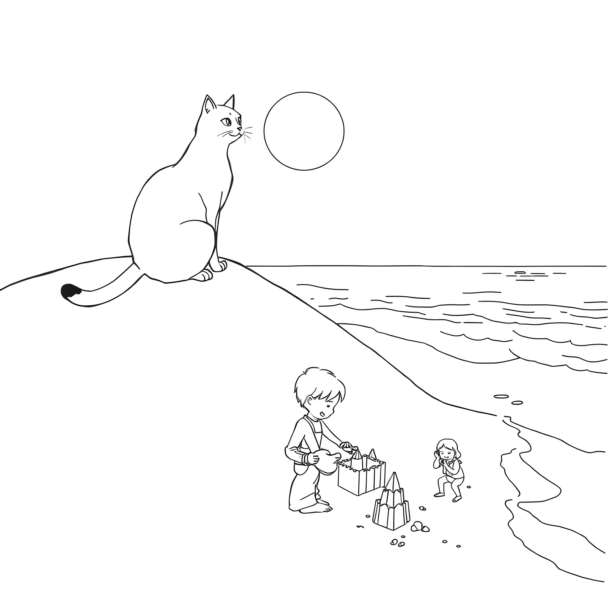 Cat overlooking children playing on the beach Coloring Page (free black-and-white line drawing printable PDF for all, from beginners to advanced learners, including children, teens, adults, and seniors)