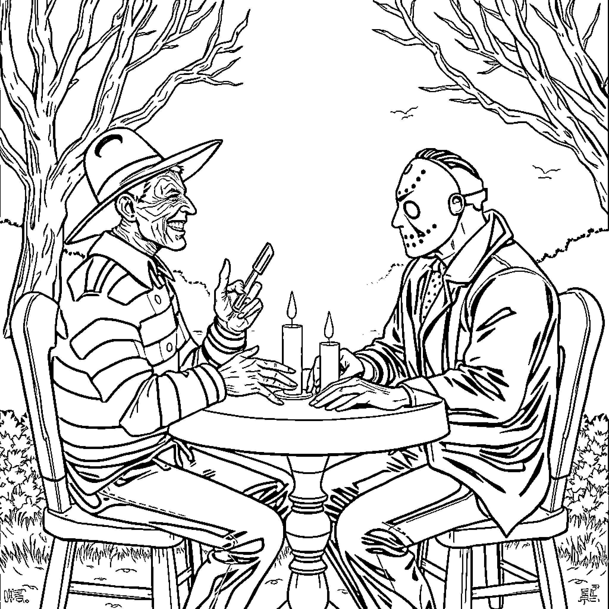 Freddy Krueger and Friday the 13th villain playing cards in the woods Coloring Page (free black-and-white line drawing printable PDF for all, from beginners to advanced learners, including children, teens, adults, and seniors)