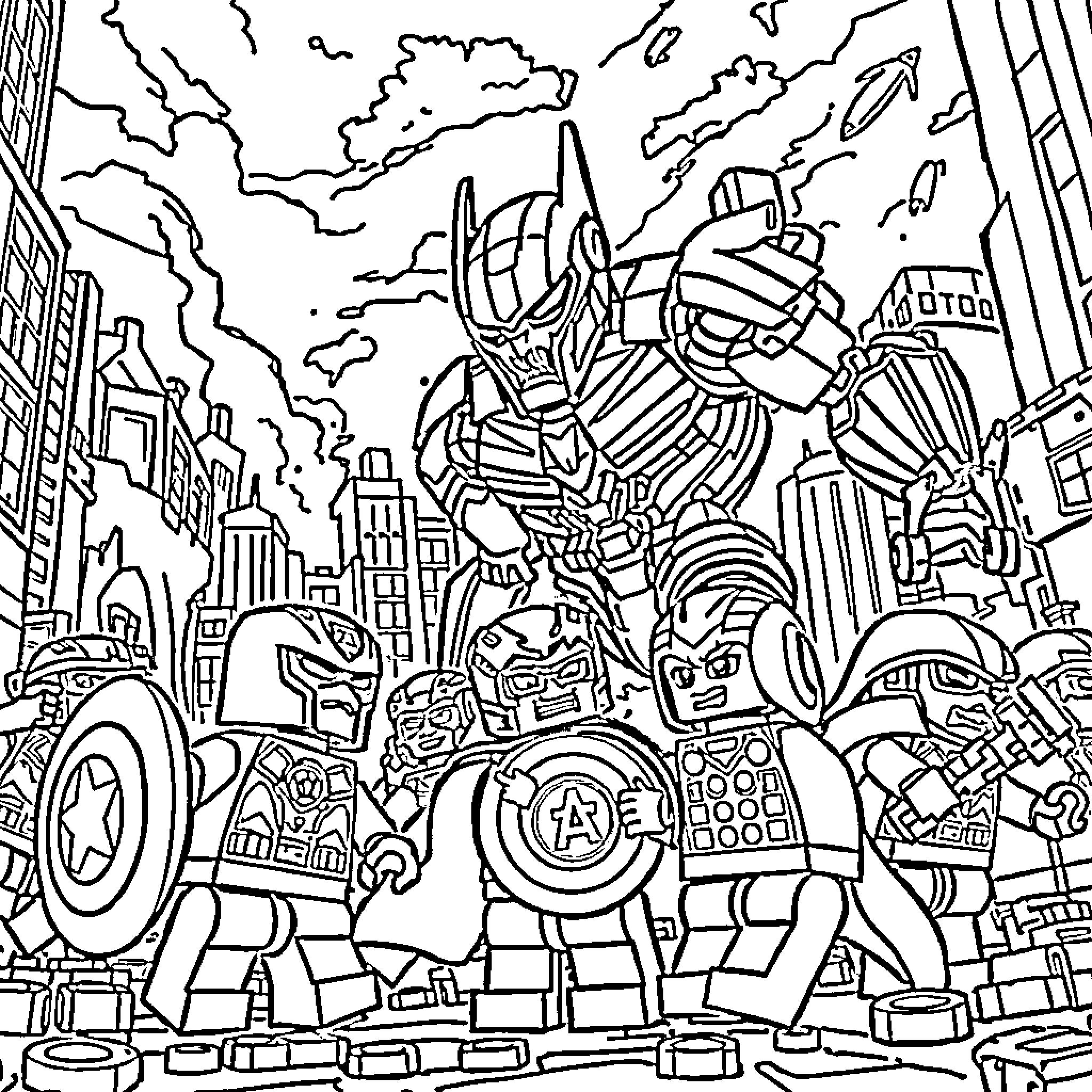 Avenger Heroes Defending the City from Destruction Coloring Page (free black-and-white line drawing printable PDF for all, from beginners to advanced learners, including children, teens, adults, and seniors)