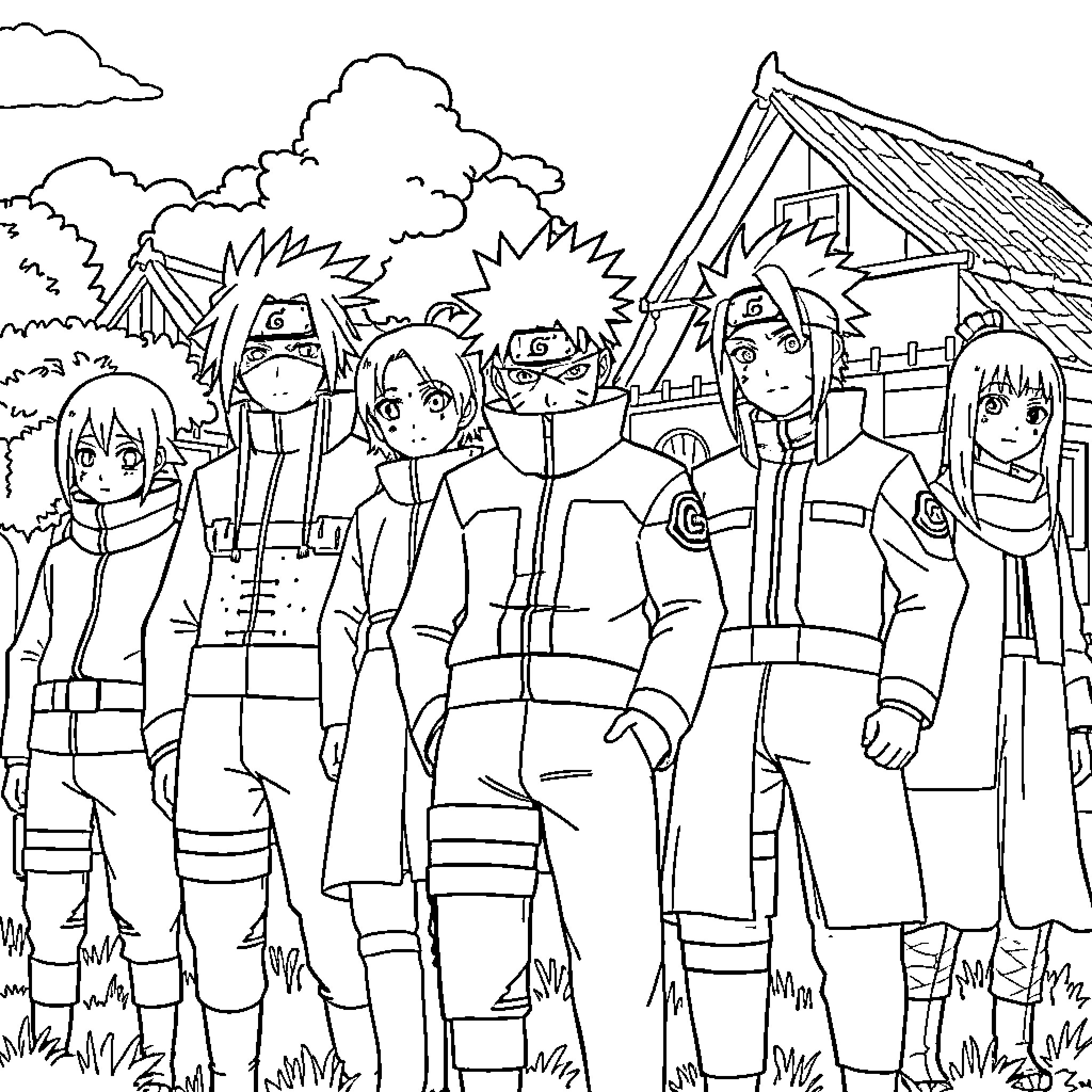 Anime Characters Standing Together in an Outdoor Scene Coloring Page (free black-and-white line drawing printable PDF for all, from beginners to advanced learners, including children, teens, adults, and seniors)