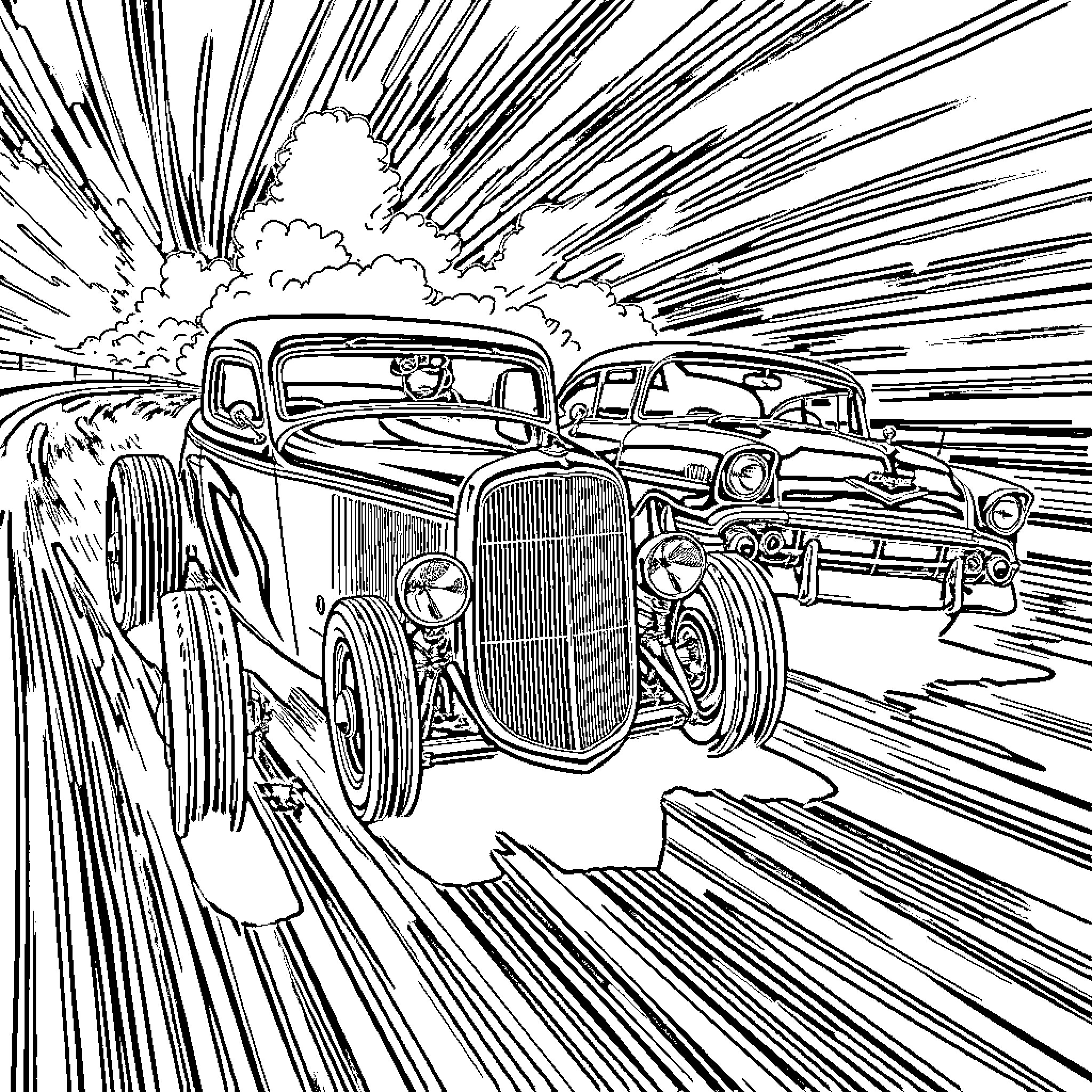 Ford hot rods racing down the road Coloring Page (free black-and-white line drawing printable PDF for all, from beginners to advanced learners, including children, teens, adults, and seniors)