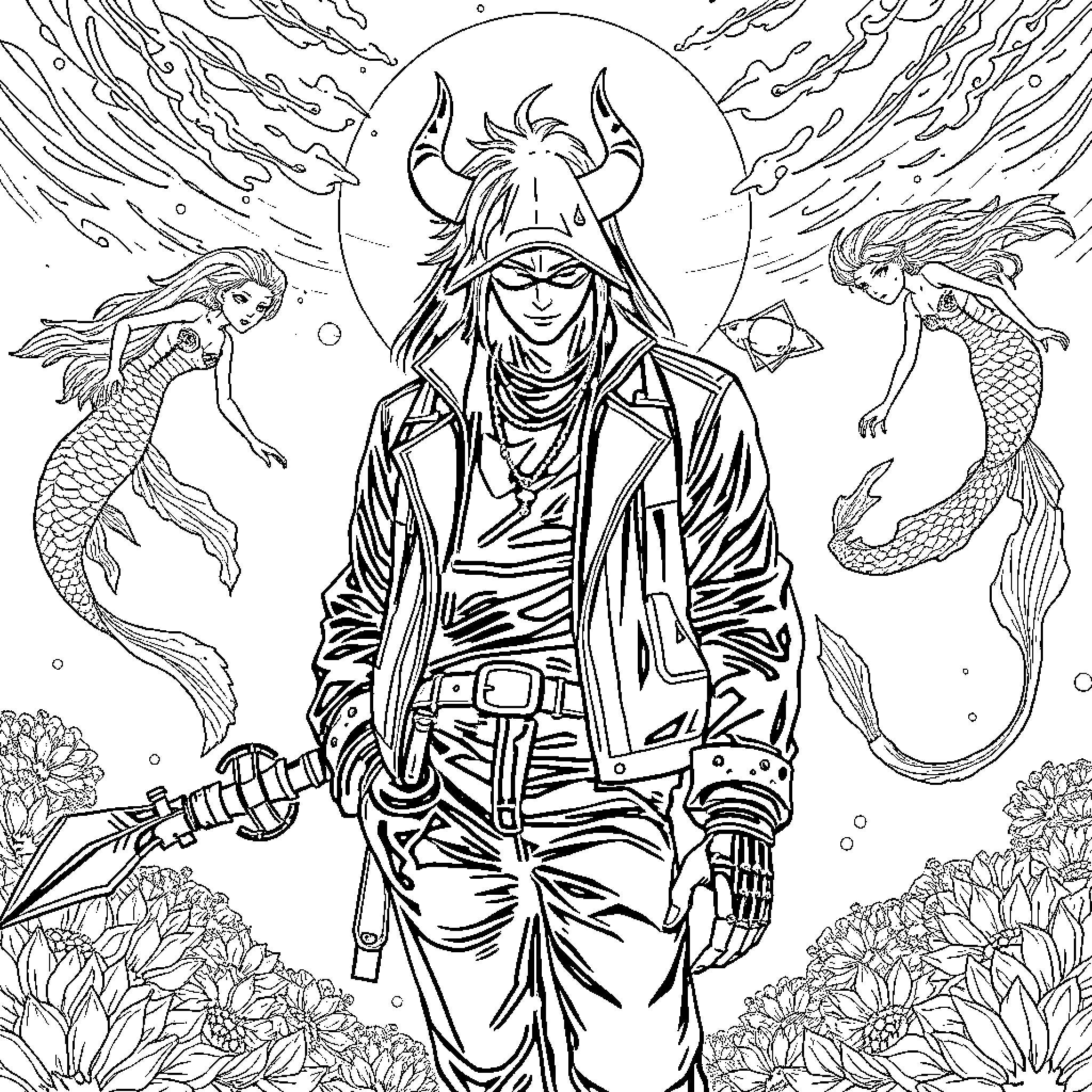 Demon Hunter Battles Mythical Creatures in Surreal Realm Coloring Page (free black-and-white line drawing printable PDF for all, from beginners to advanced learners, including children, teens, adults, and seniors)