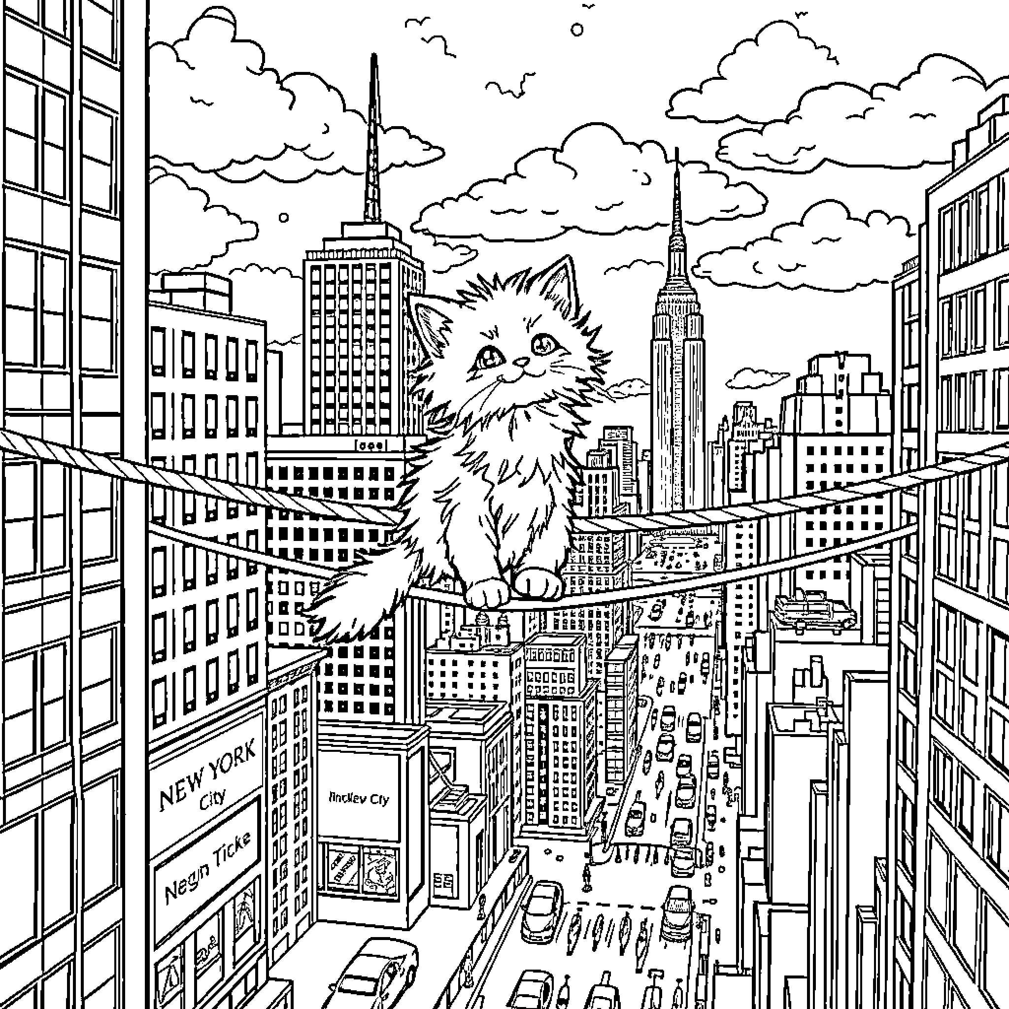 Kitten exploring the bustling city skyline Coloring Page (free black-and-white line drawing printable PDF for all, from beginners to advanced learners, including children, teens, adults, and seniors)