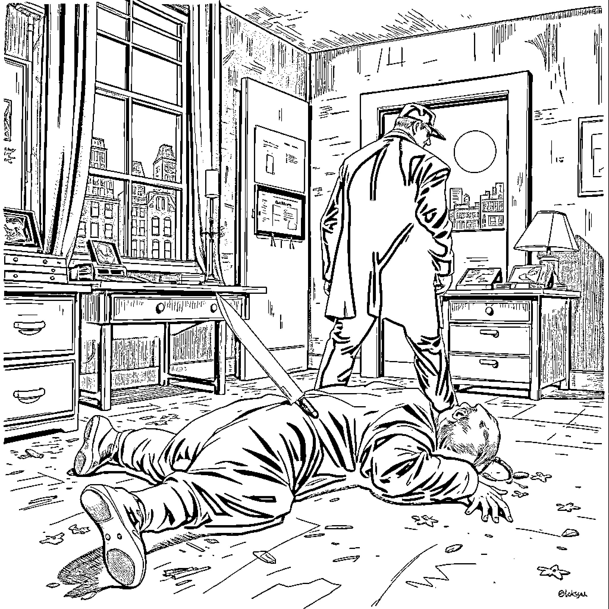Blacksad: Mysterious Circumstances in a Private Residence Coloring Page (free black-and-white line drawing printable PDF for all, from beginners to advanced learners, including children, teens, adults, and seniors)