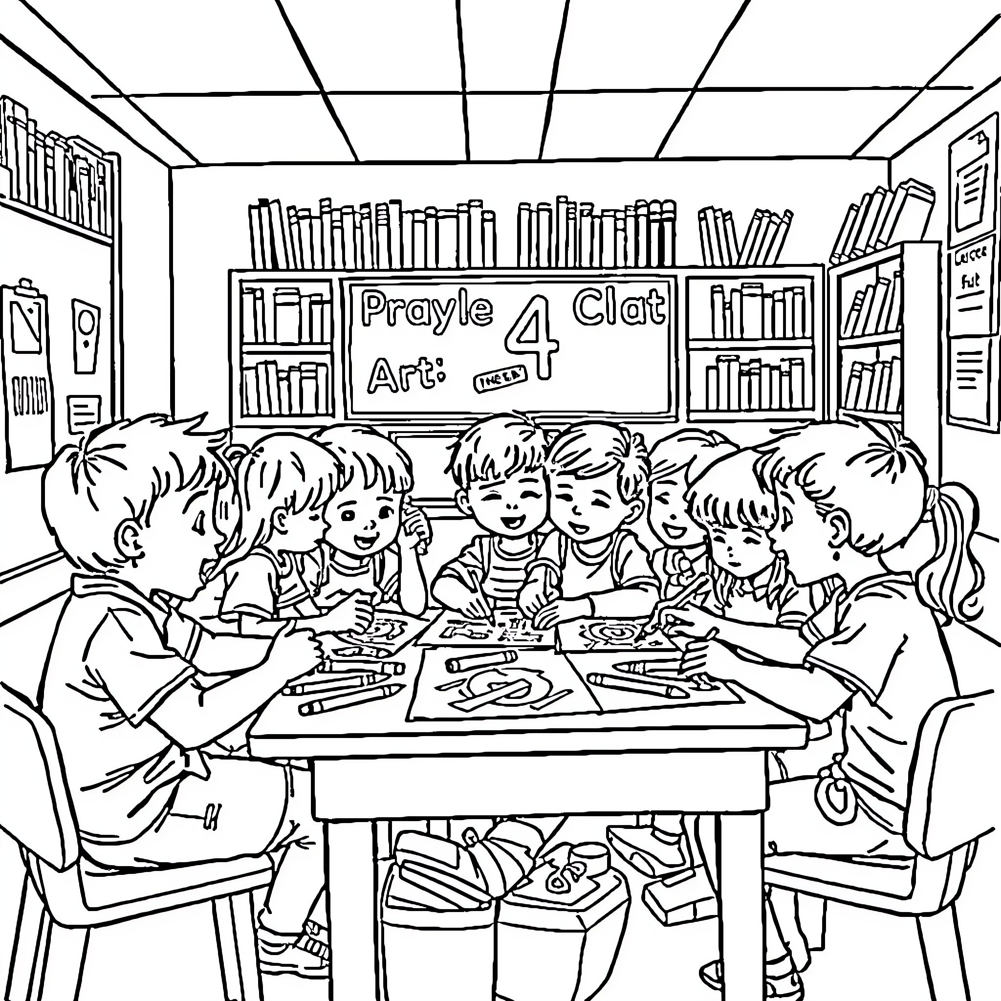 Children in art class working on creative projects Coloring Page (free black-and-white line drawing printable PDF for all, from beginners to advanced learners, including children, teens, adults, and seniors)