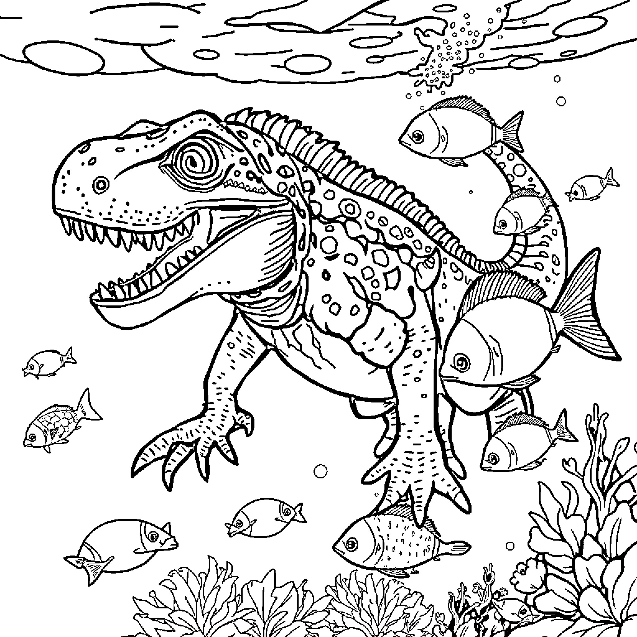 T-Rex Dinosaur Exploring Underwater Seascape Coloring Page (free black-and-white line drawing printable PDF for all, from beginners to advanced learners, including children, teens, adults, and seniors)