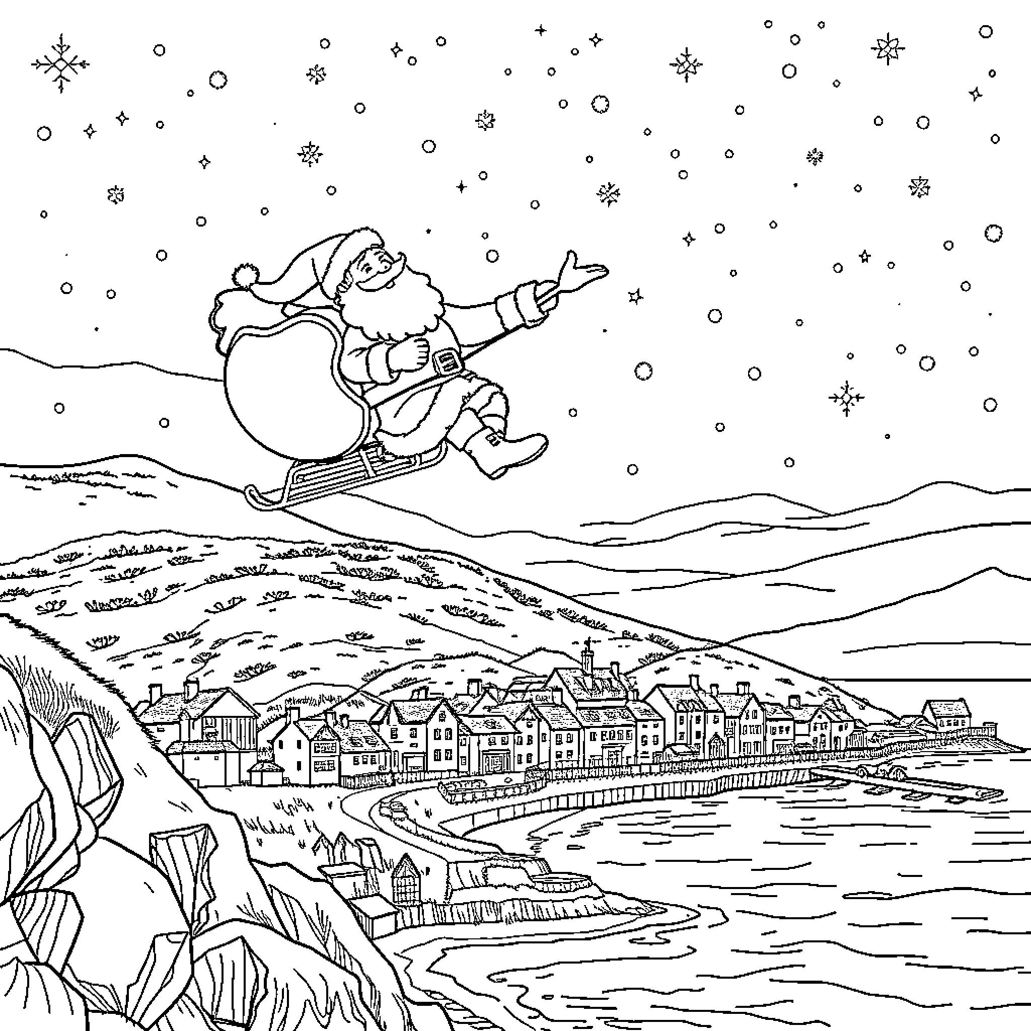 Santa sledding down a snowy mountain over a quaint seaside town Coloring Page (free black-and-white line drawing printable PDF for all, from beginners to advanced learners, including children, teens, adults, and seniors)