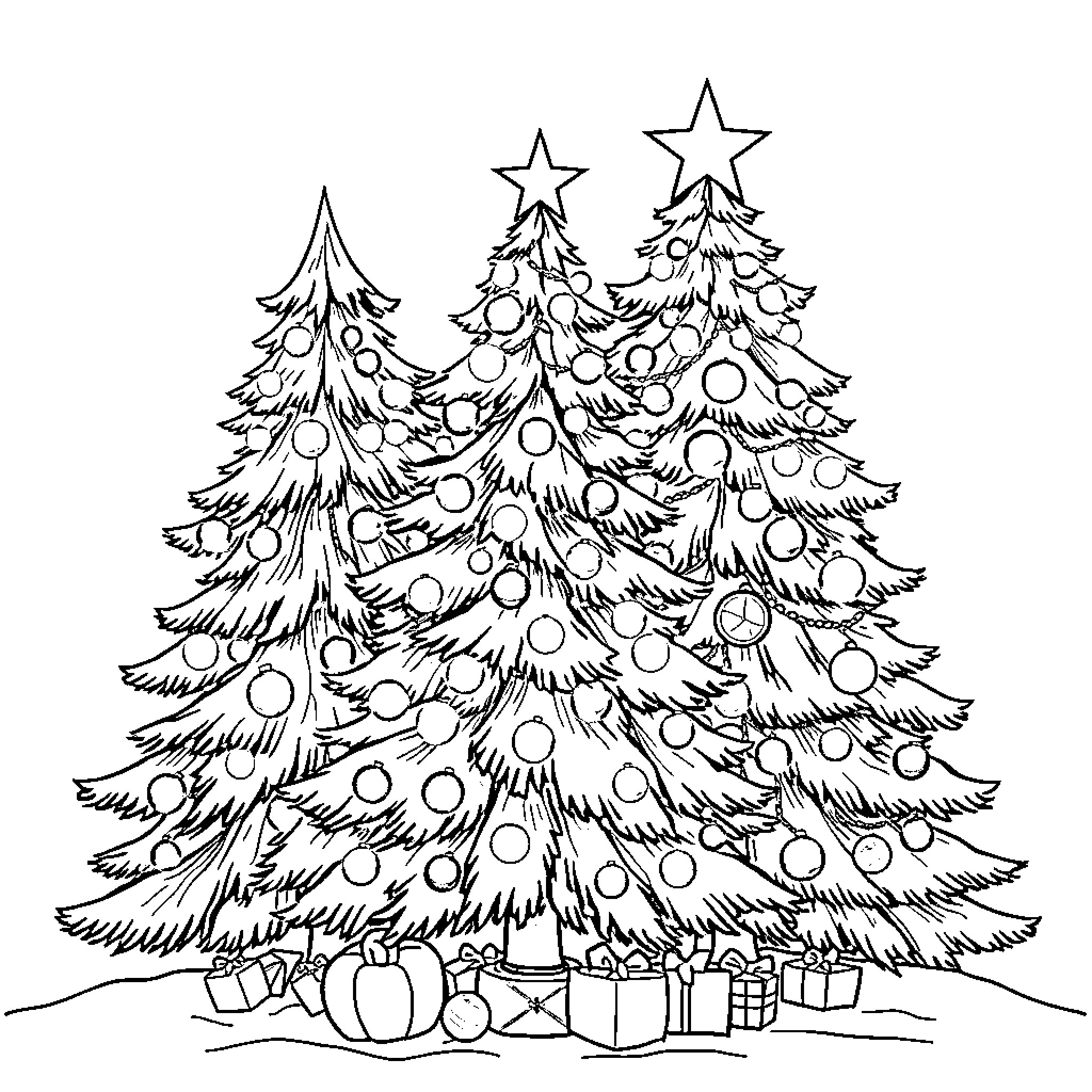 Christmas Trees with Ornaments and Gifts Coloring Page (free black-and-white line drawing printable PDF for all, from beginners to advanced learners, including children, teens, adults, and seniors)