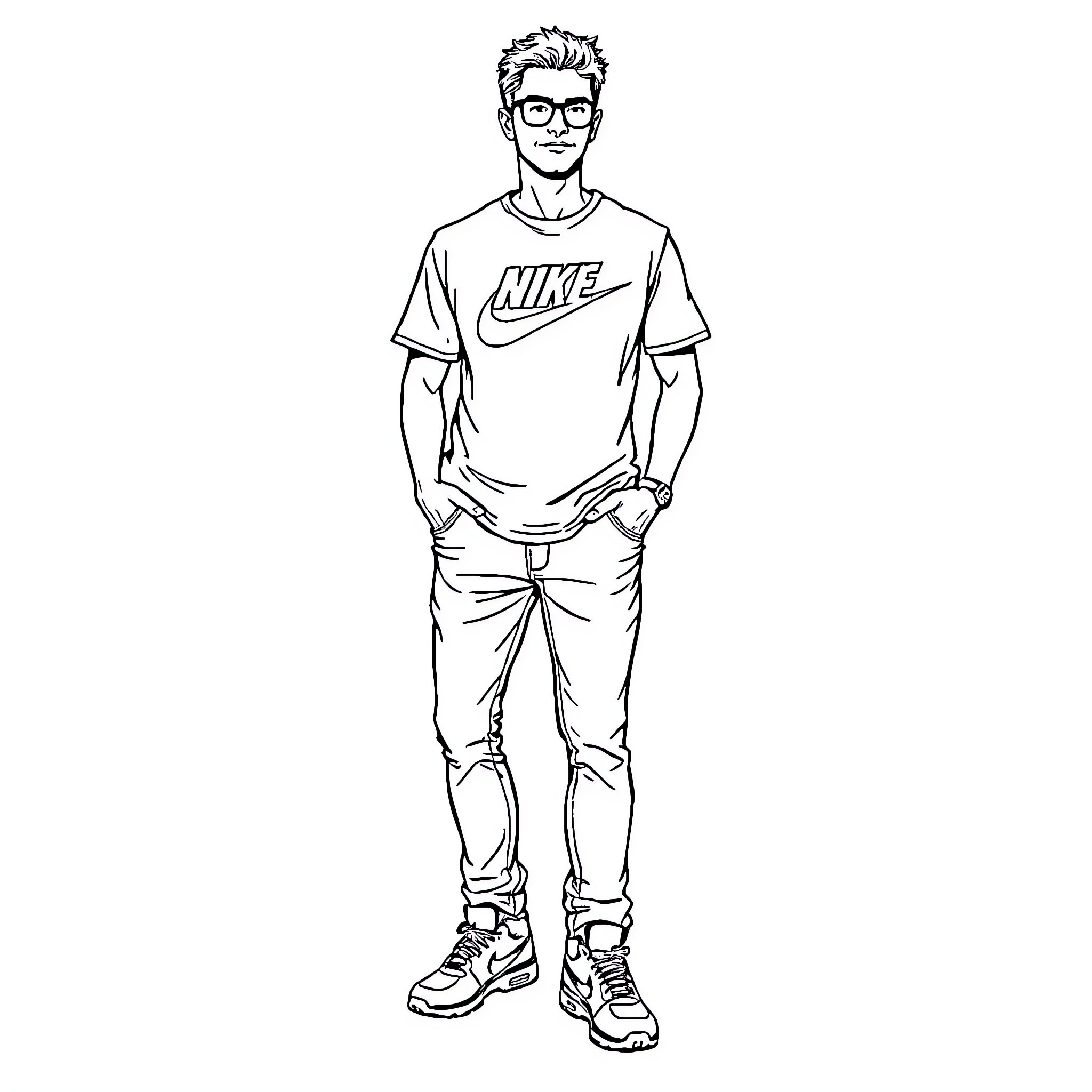 Guy in casual sportswear standing casually Coloring Page (free black-and-white line drawing printable PDF for all, from beginners to advanced learners, including children, teens, adults, and seniors)