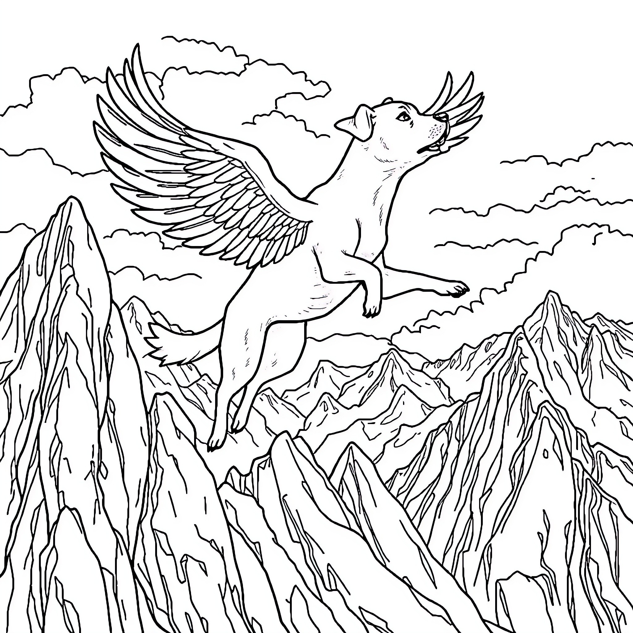 Winged Dog Soaring Over Rugged Mountains Coloring Page (free black-and-white line drawing printable PDF for all, from beginners to advanced learners, including children, teens, adults, and seniors)