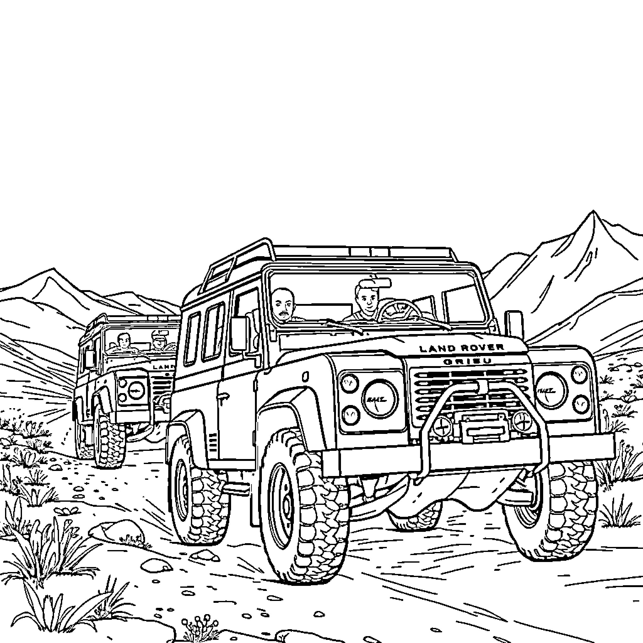Land Rover Adventuring Through Mountain Terrain Coloring Page (free black-and-white line drawing printable PDF for all, from beginners to advanced learners, including children, teens, adults, and seniors)