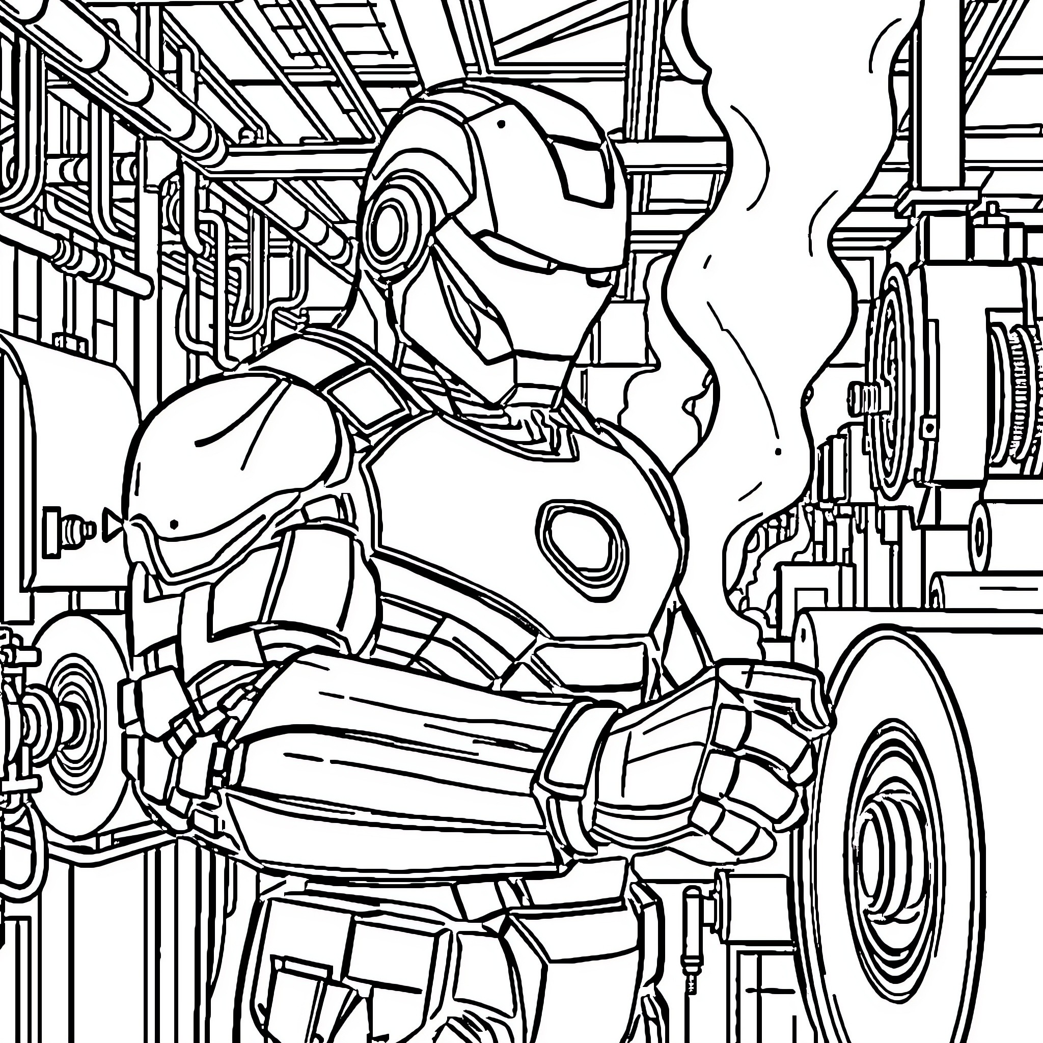 Ironman in action-packed robotic workshop Coloring Page (free black-and-white line drawing printable PDF for all, from beginners to advanced learners, including children, teens, adults, and seniors)