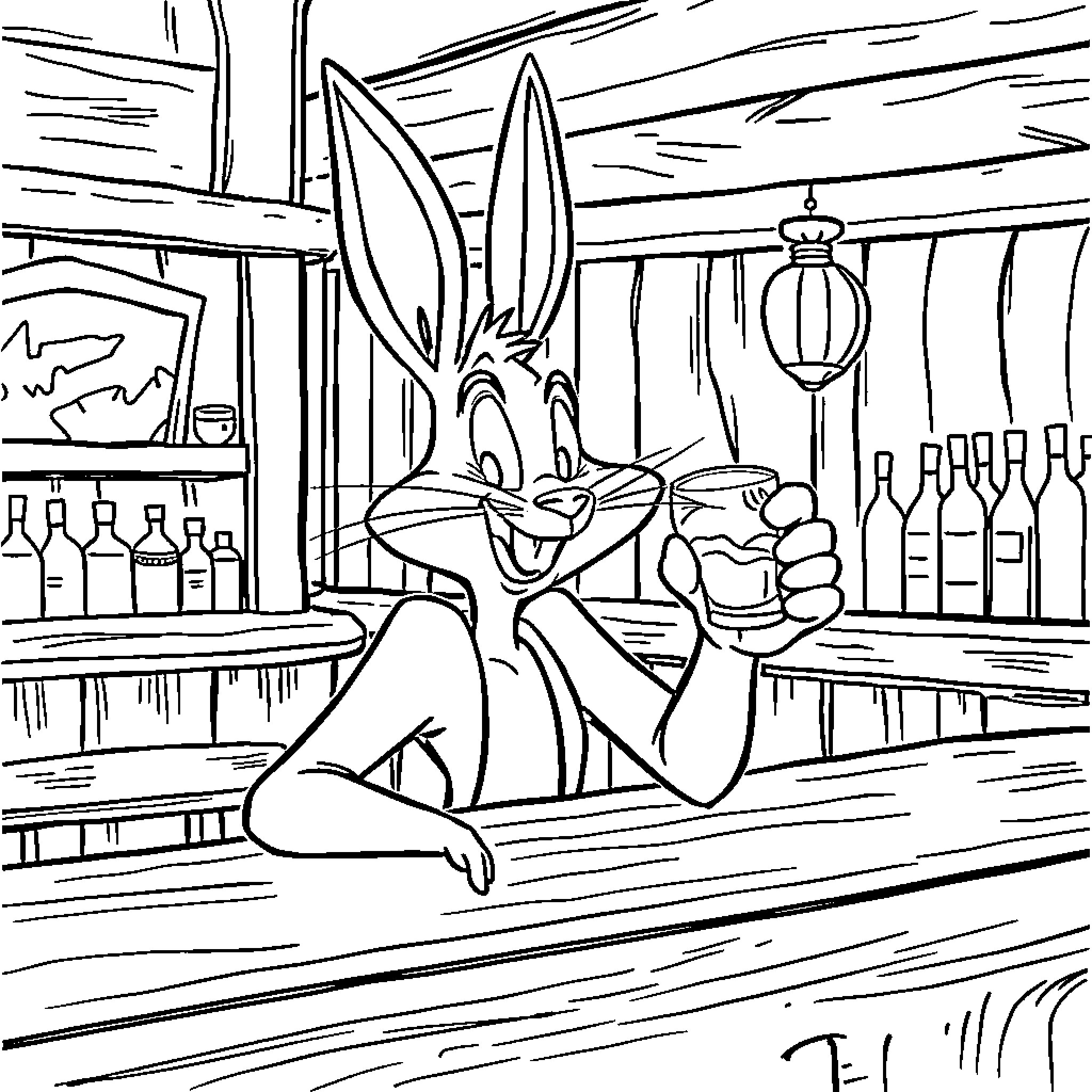Roger Rabbit enjoying drinks at the bar Coloring Page (free black-and-white line drawing printable PDF for all, from beginners to advanced learners, including children, teens, adults, and seniors)