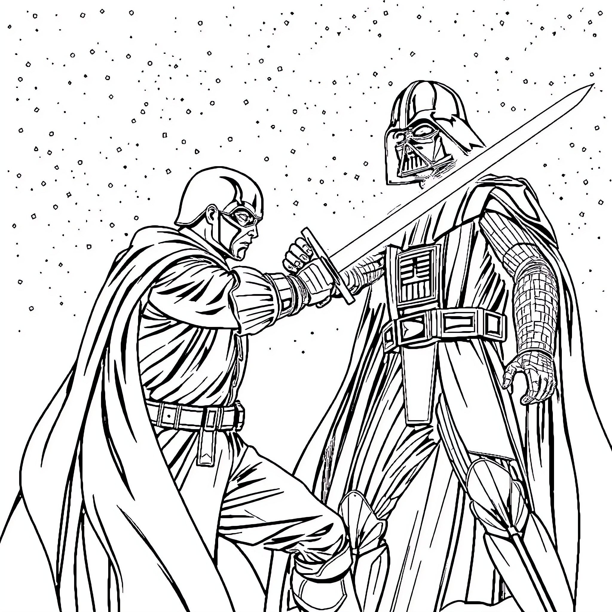 Westley's Galactic Duel in the Stars Coloring Page (free black-and-white line drawing printable PDF for all, from beginners to advanced learners, including children, teens, adults, and seniors)