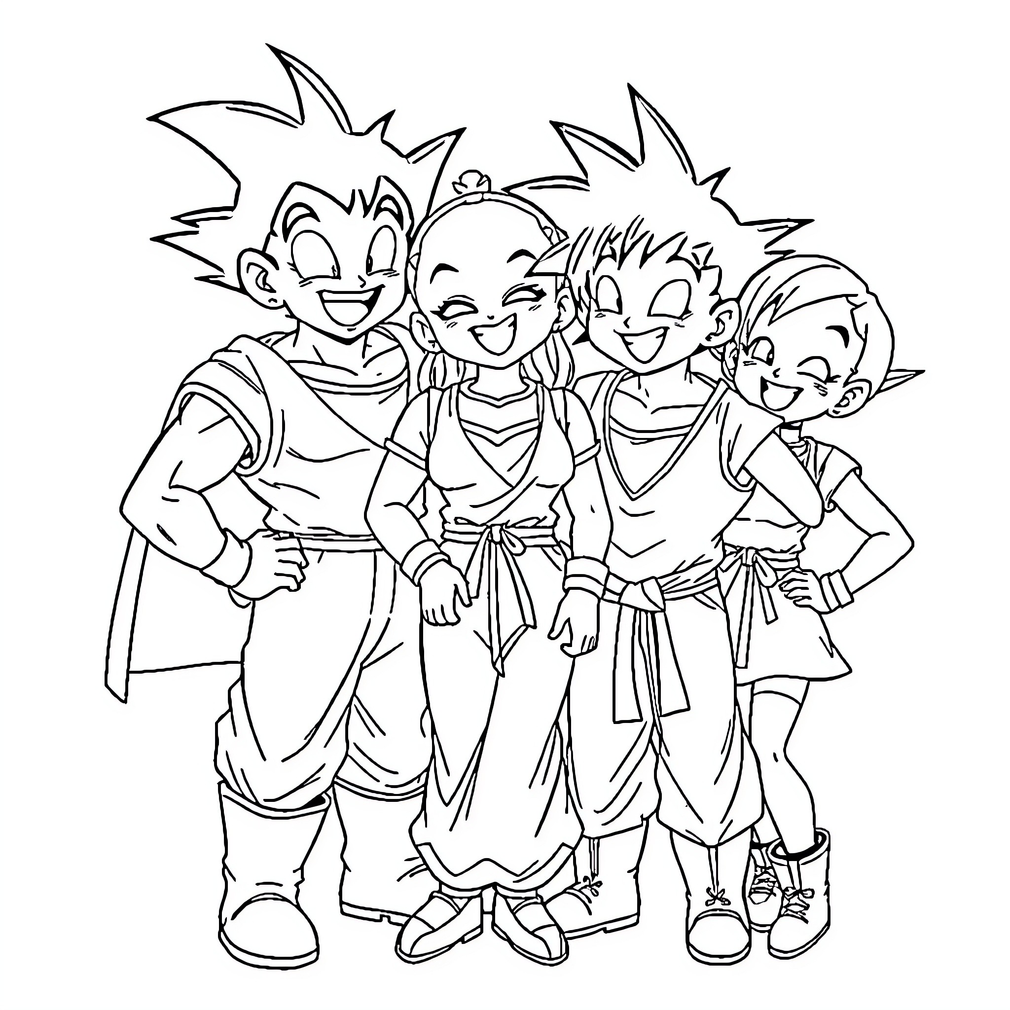 Bluey and friends in a lively group pose Coloring Page (free black-and-white line drawing printable PDF for all, from beginners to advanced learners, including children, teens, adults, and seniors)